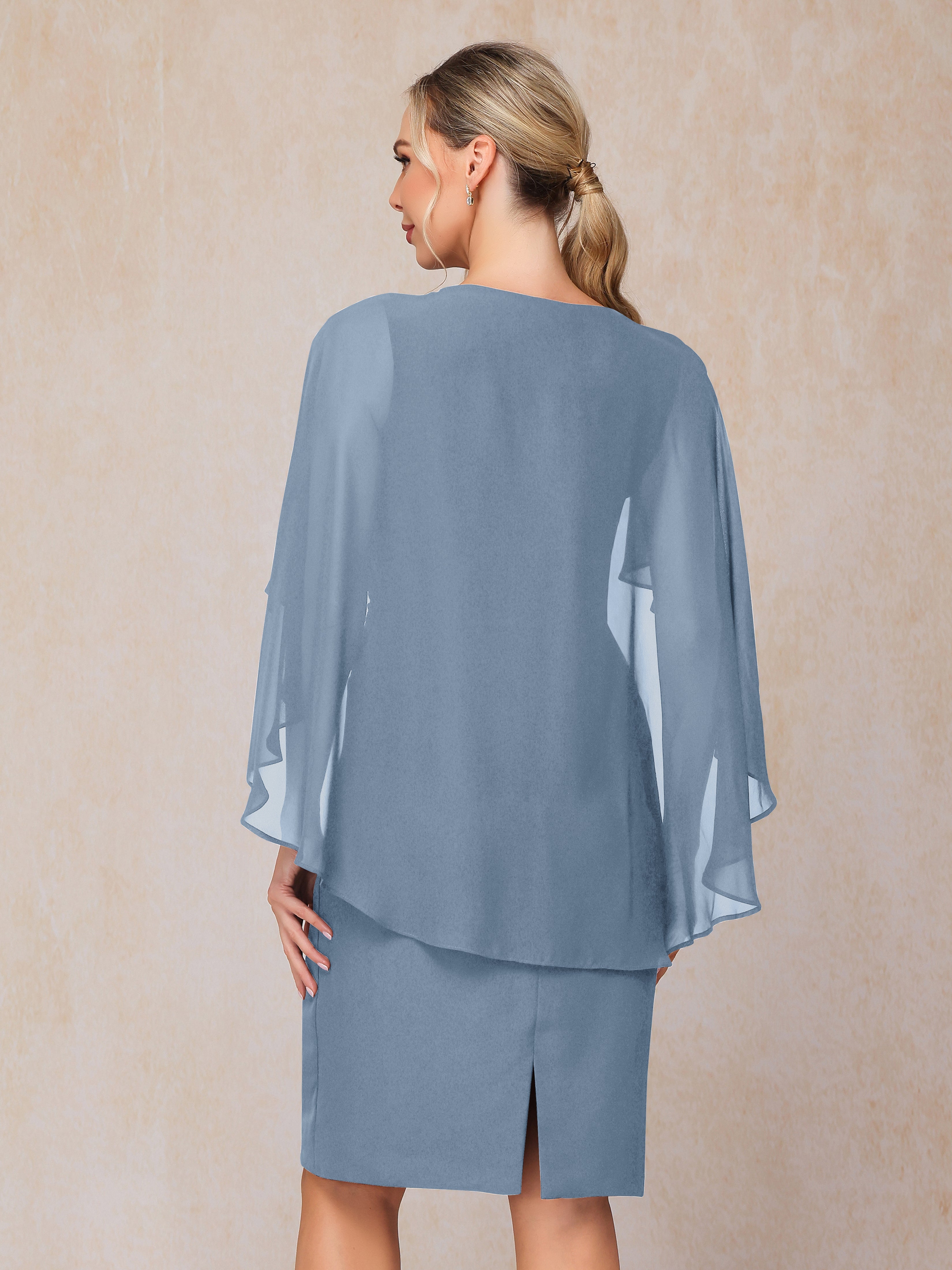 Short Sleeves Knee Length Chiffon Mother Of The Groom Dress With Beading