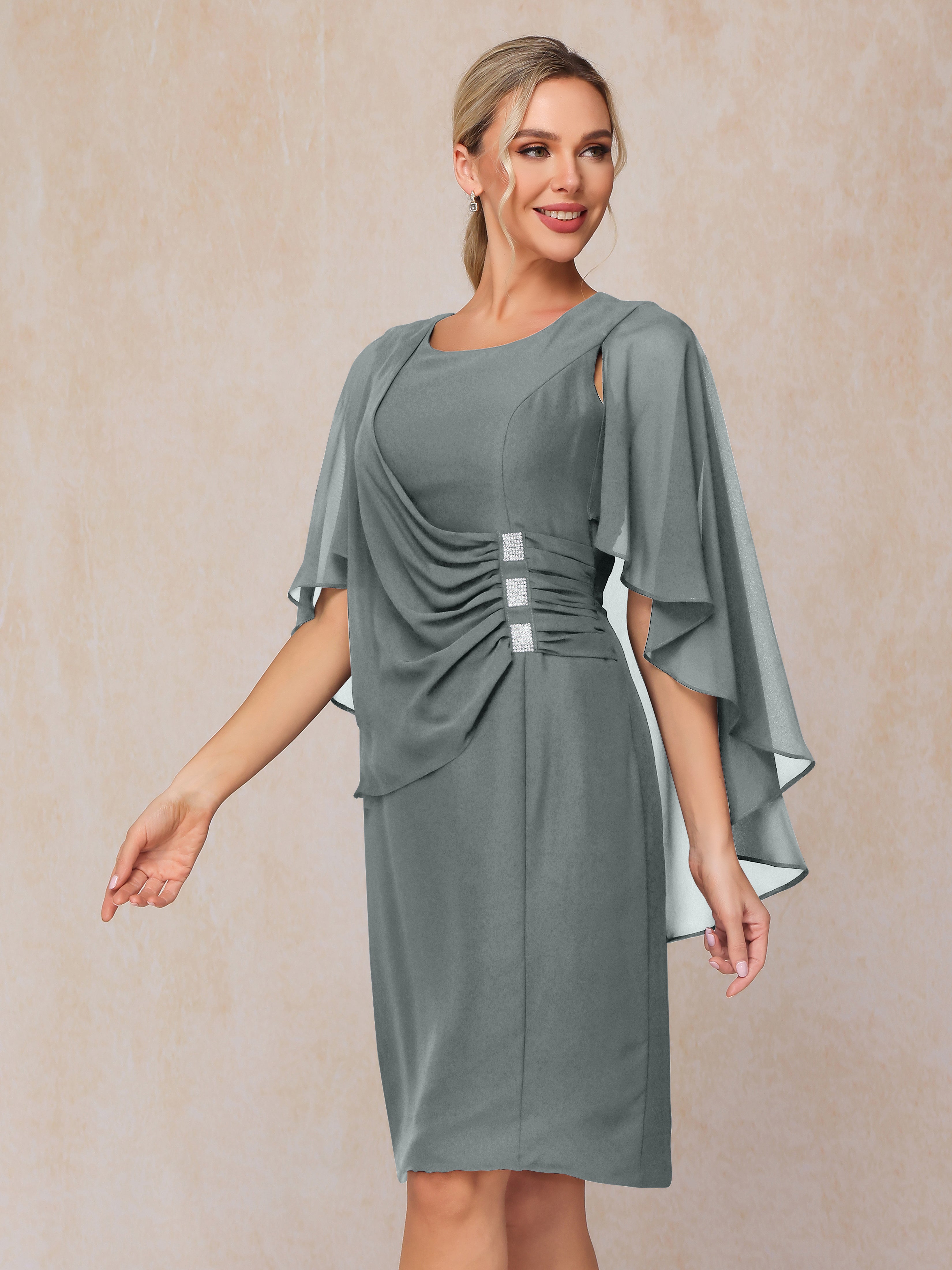 Short Sleeves Knee Length Chiffon Mother Of The Groom Dress With Beading