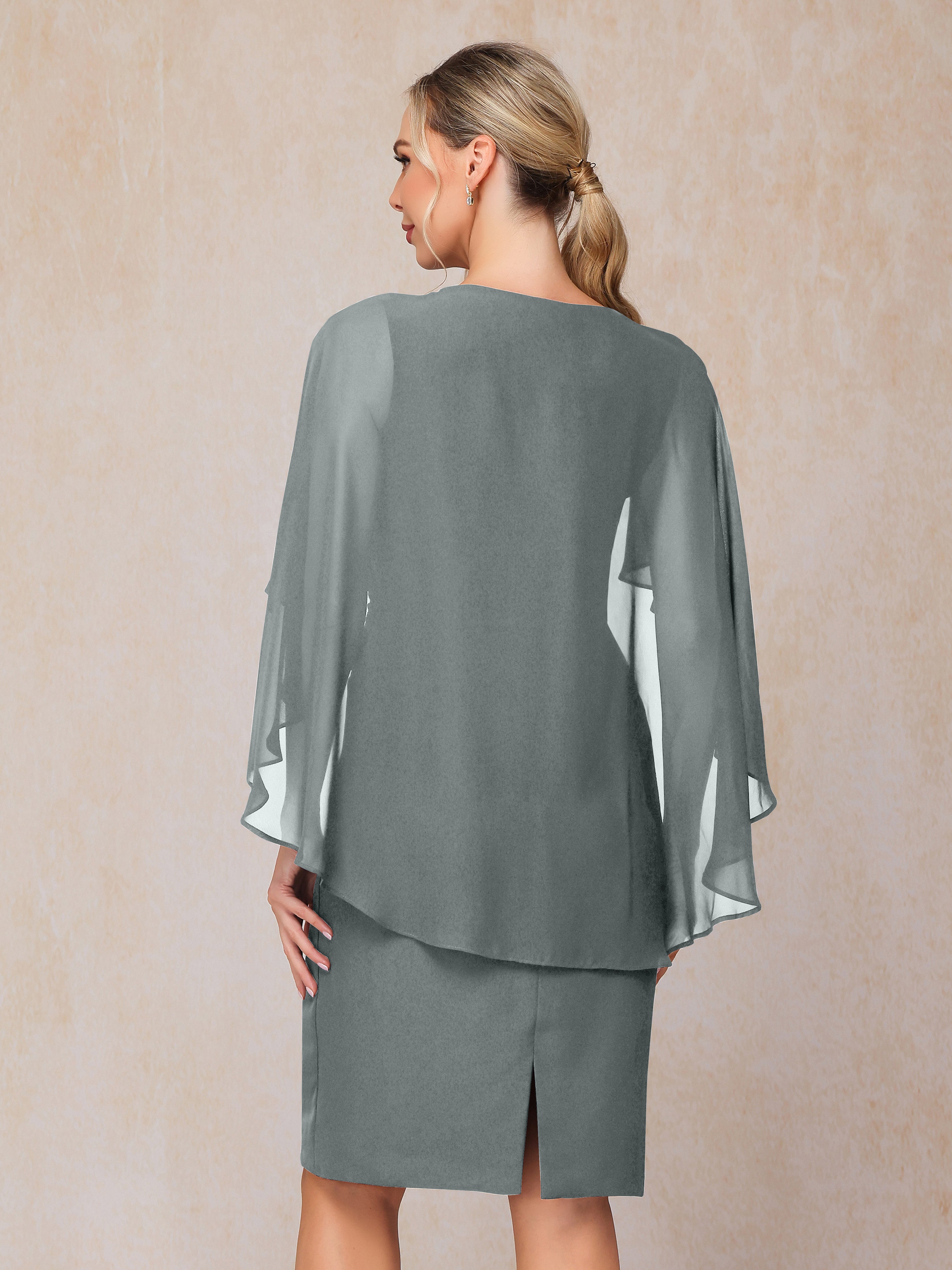 Short Sleeves Knee Length Chiffon Mother Of The Groom Dress With Beading