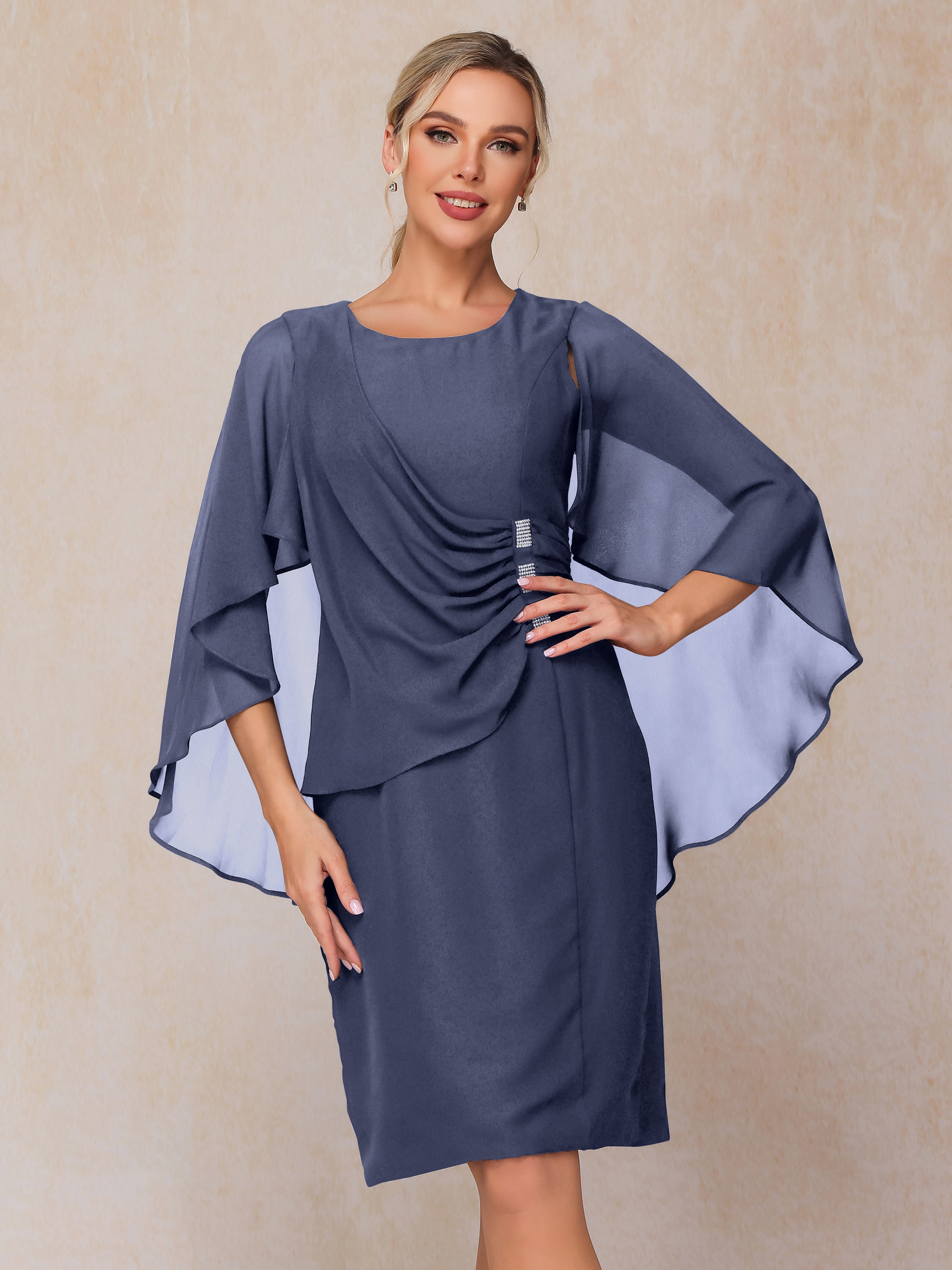 Short Sleeves Knee Length Chiffon Mother Of The Groom Dress With Beading