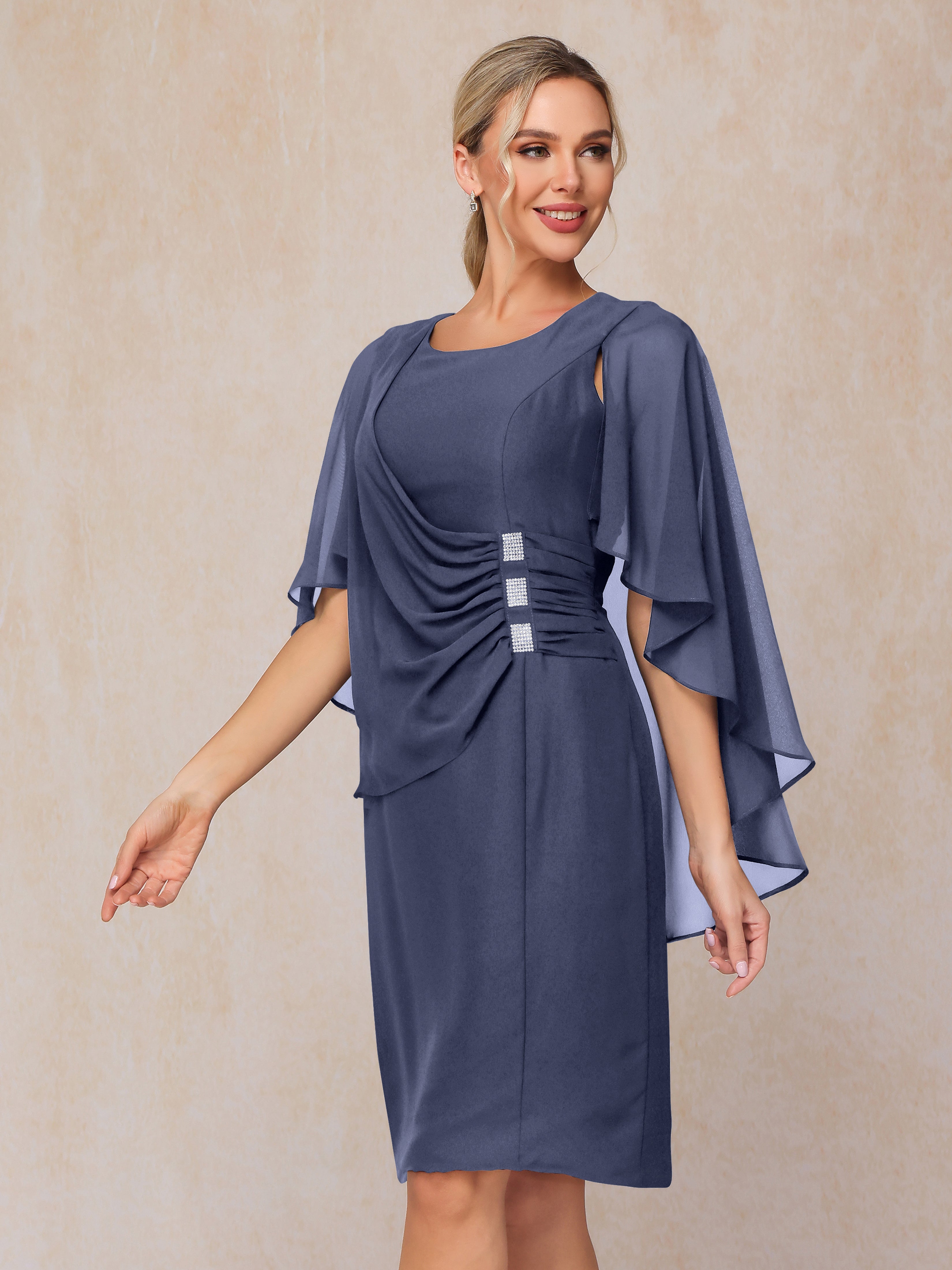 Short Sleeves Knee Length Chiffon Mother Of The Groom Dress With Beading