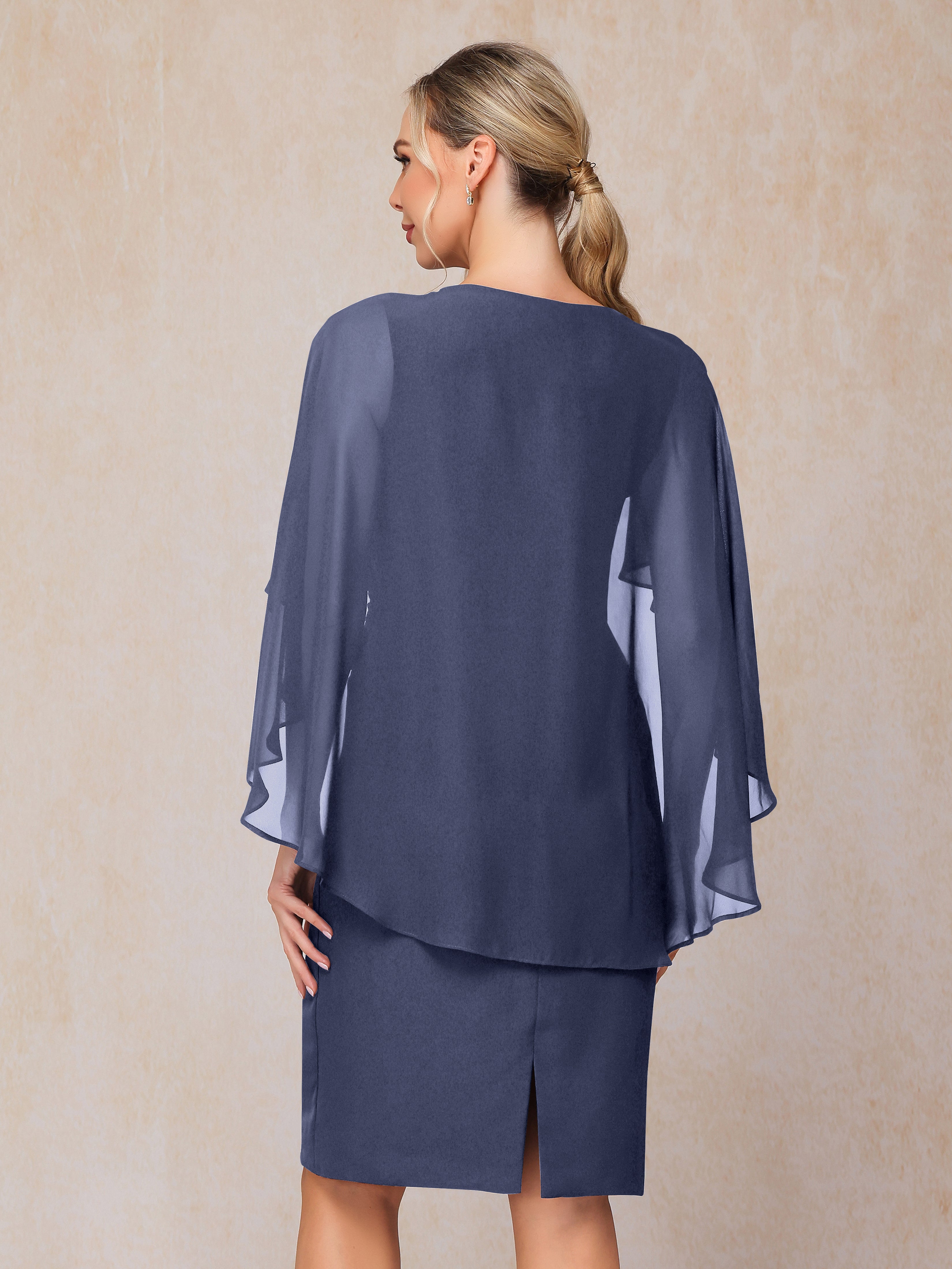 Short Sleeves Knee Length Chiffon Mother Of The Groom Dress With Beading