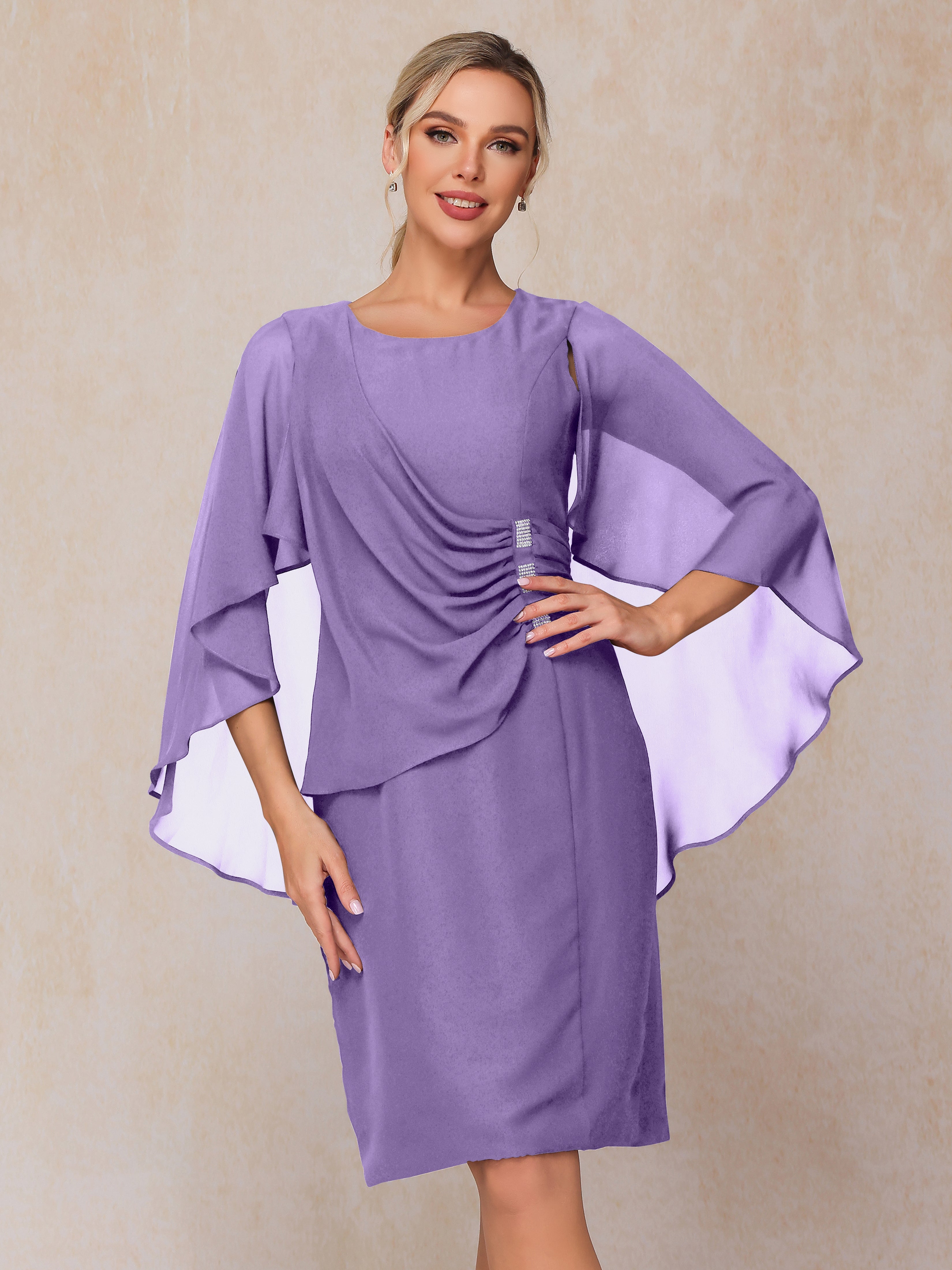 Short Sleeves Knee Length Chiffon Mother Of The Groom Dress With Beading