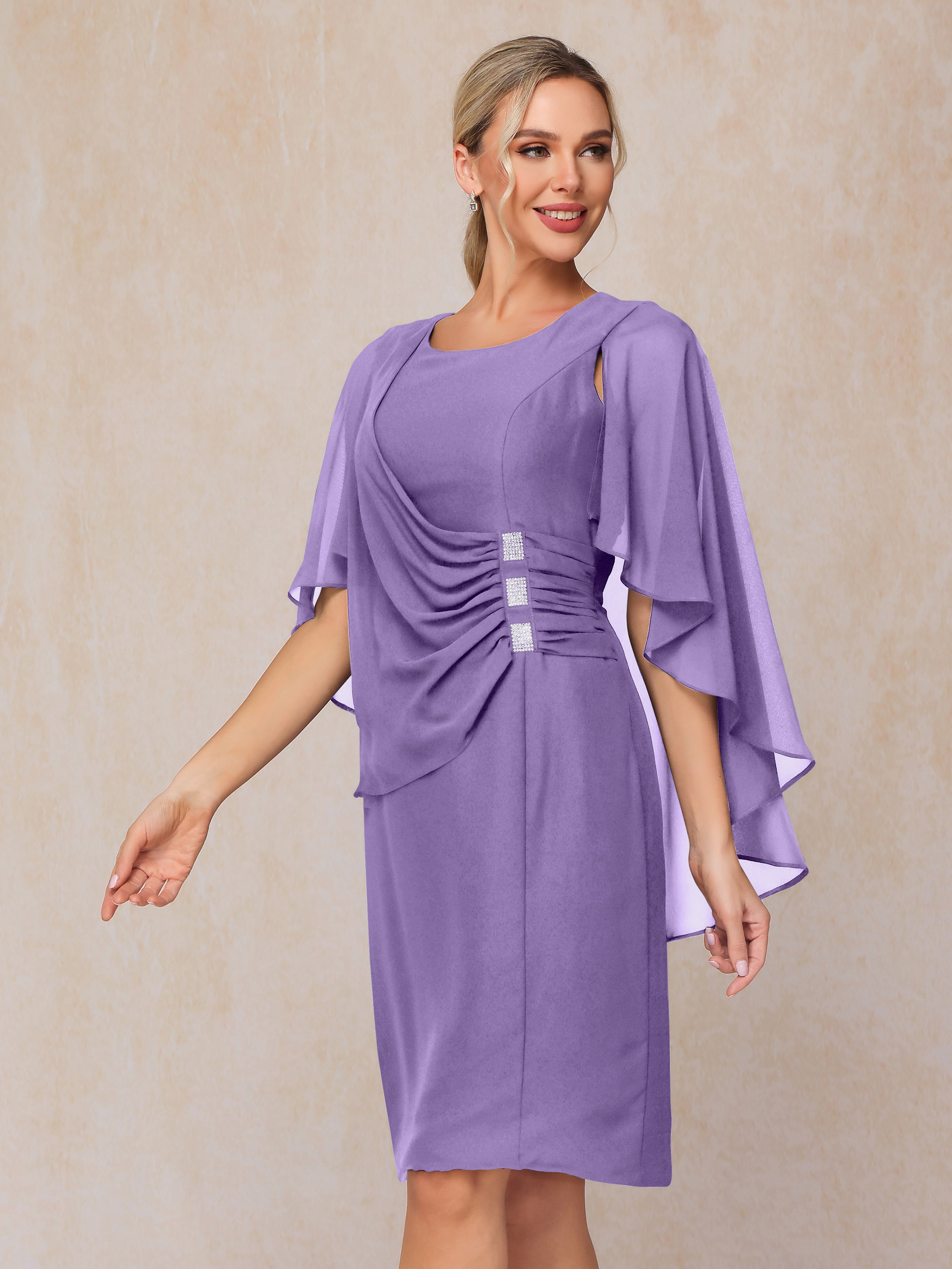 Short Sleeves Knee Length Chiffon Mother Of The Groom Dress With Beading