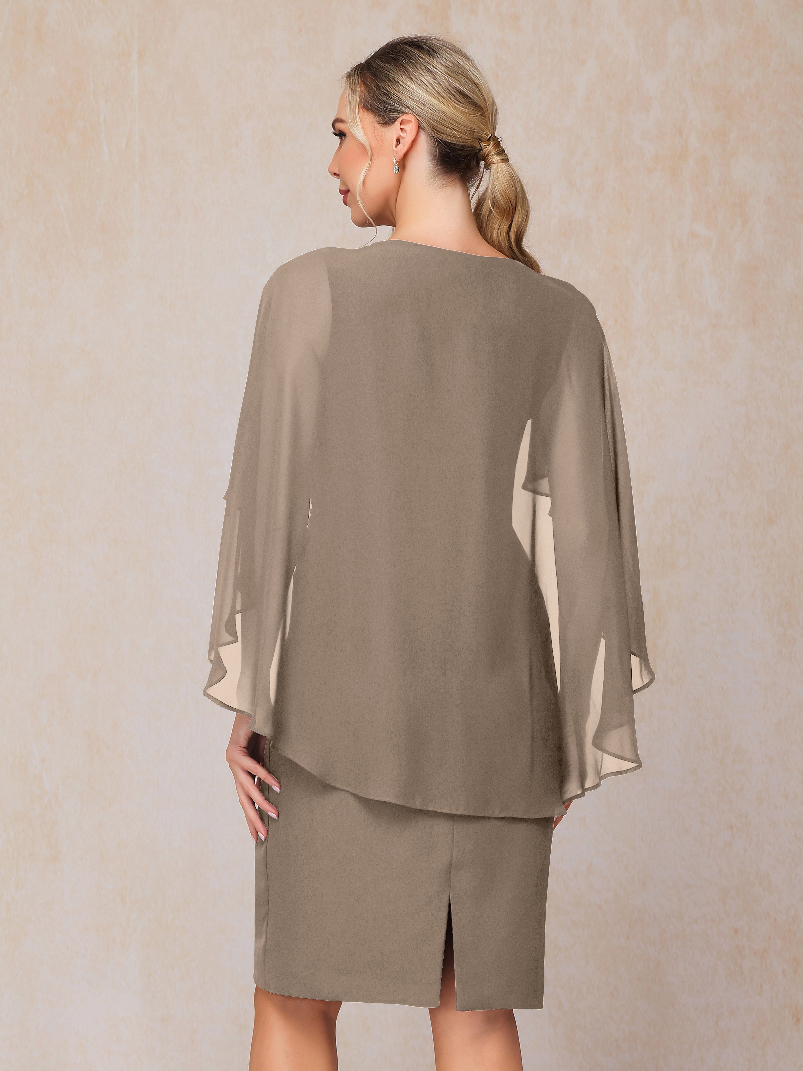 Short Sleeves Knee Length Chiffon Mother Of The Groom Dress With Beading