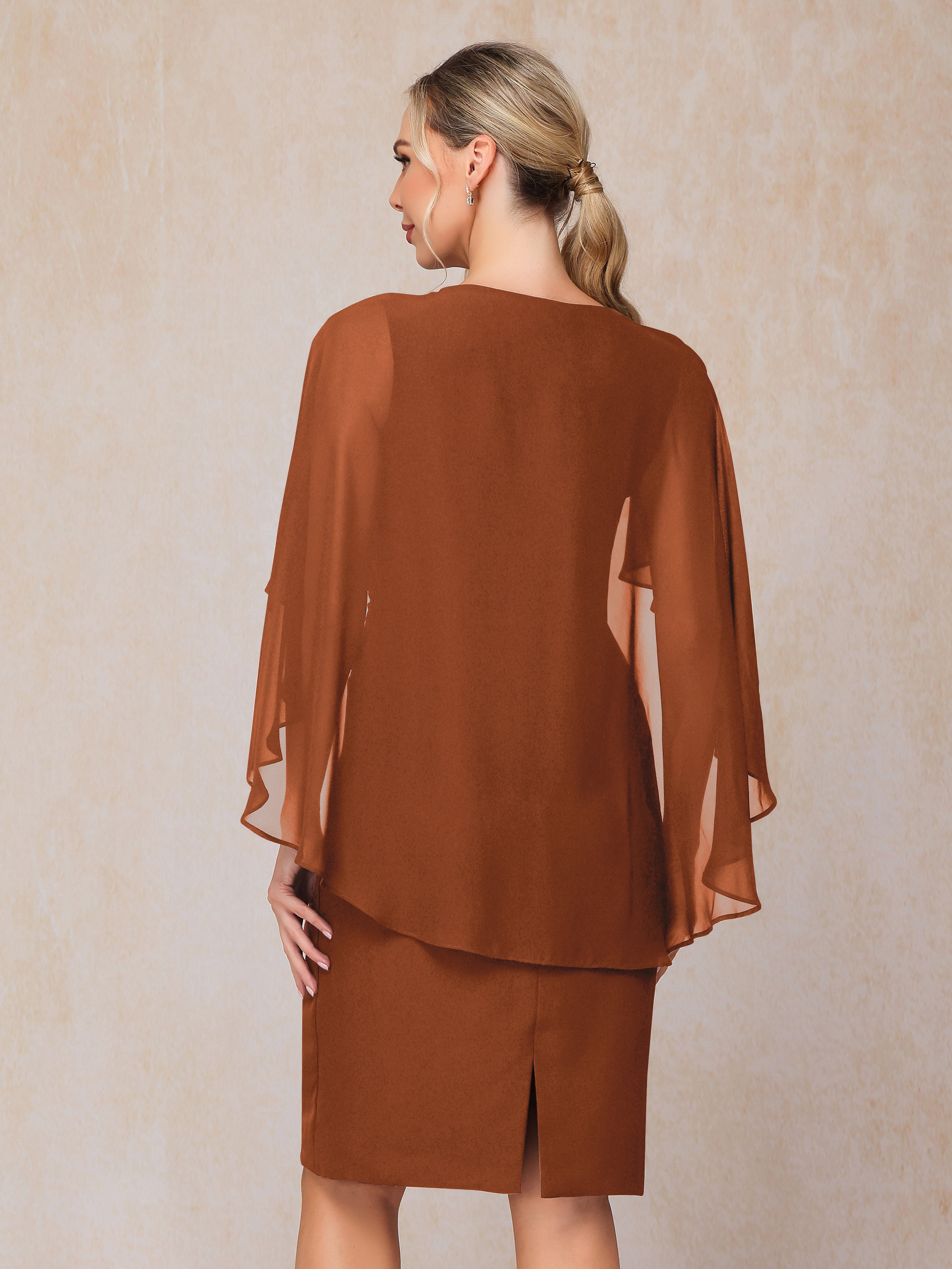Short Sleeves Knee Length Chiffon Mother Of The Groom Dress With Beading