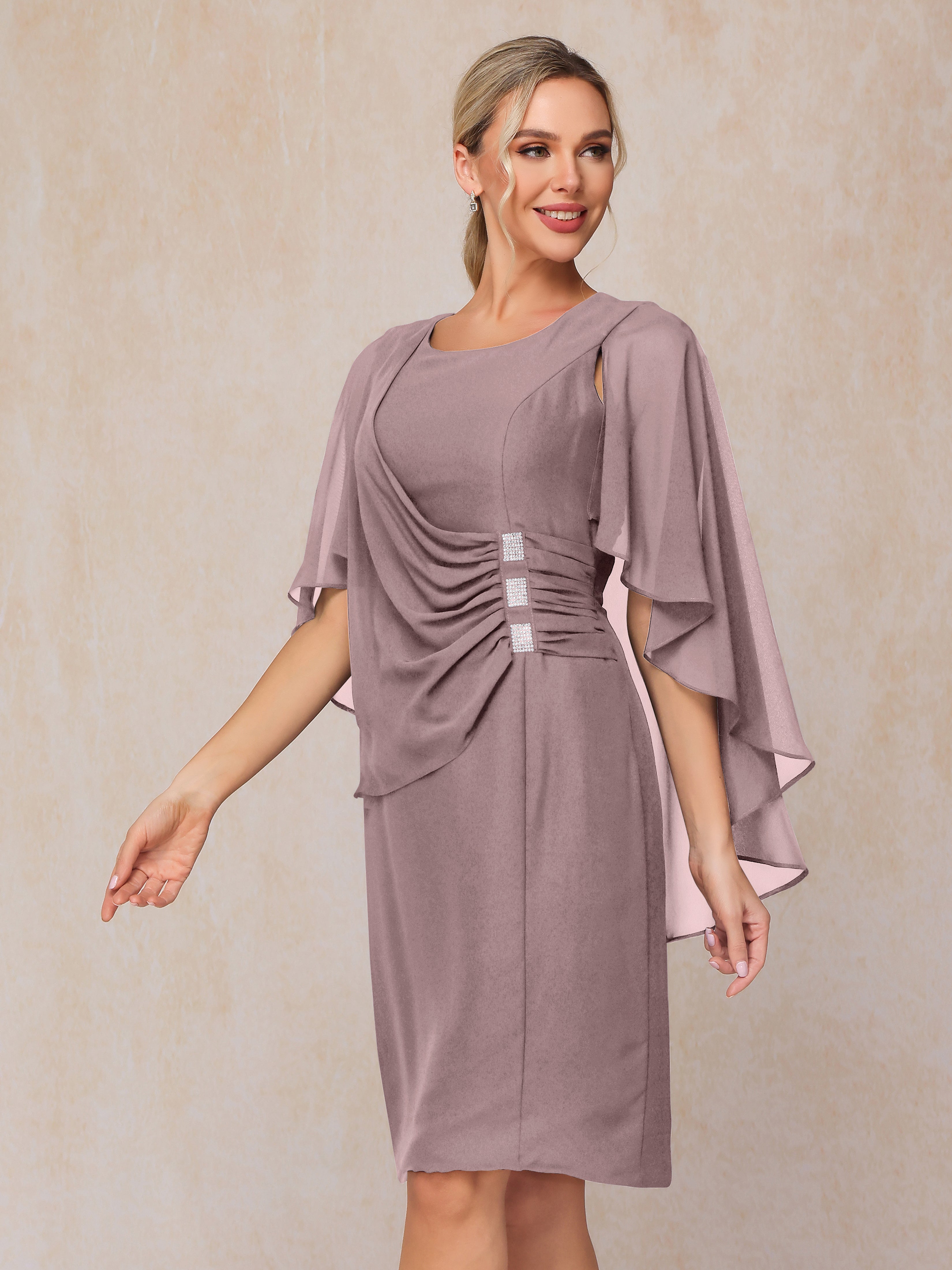 Short Sleeves Knee Length Chiffon Mother Of The Groom Dress With Beading