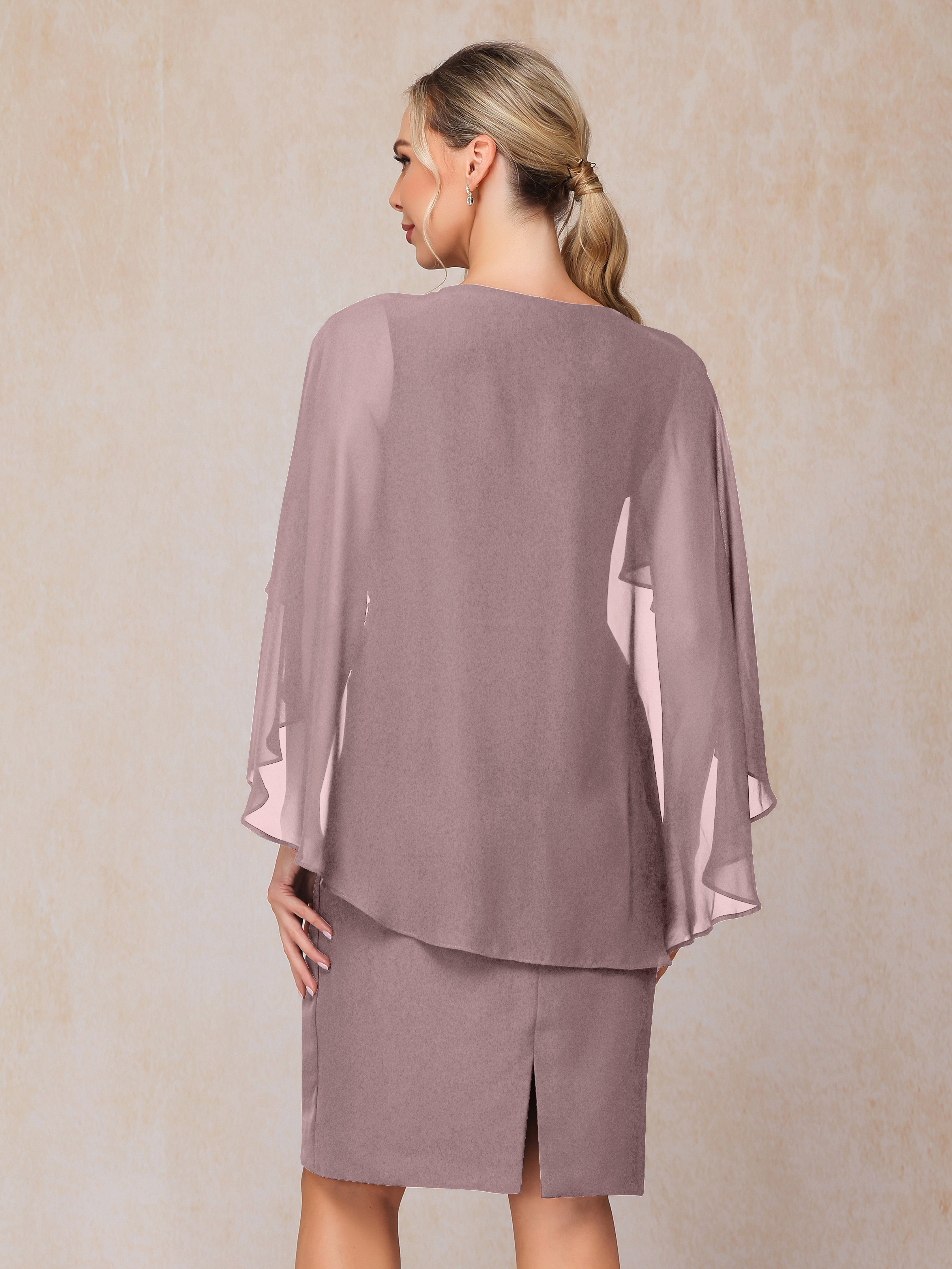 Short Sleeves Knee Length Chiffon Mother Of The Groom Dress With Beading