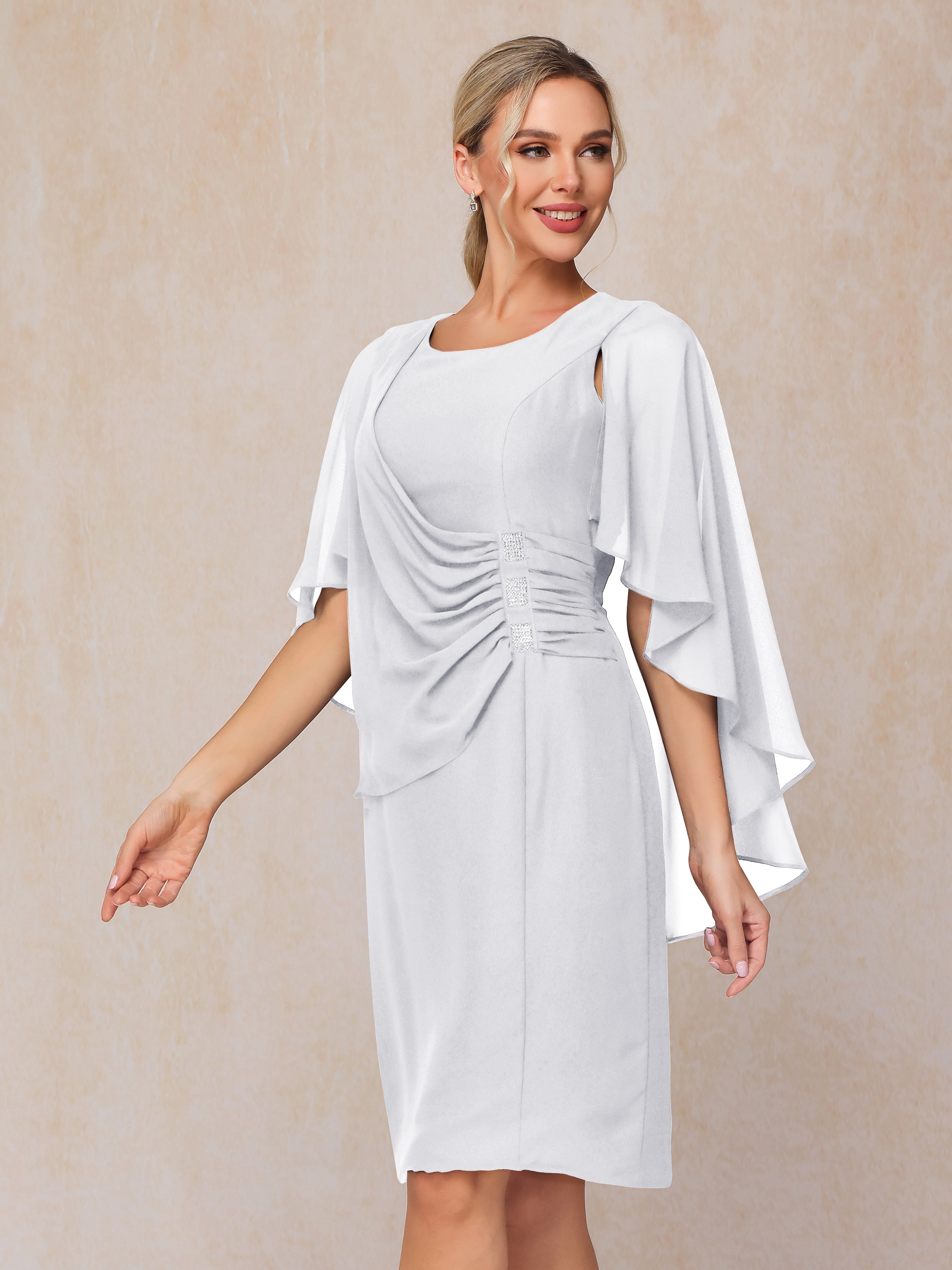 Short Sleeves Knee Length Chiffon Mother Of The Groom Dress With Beading