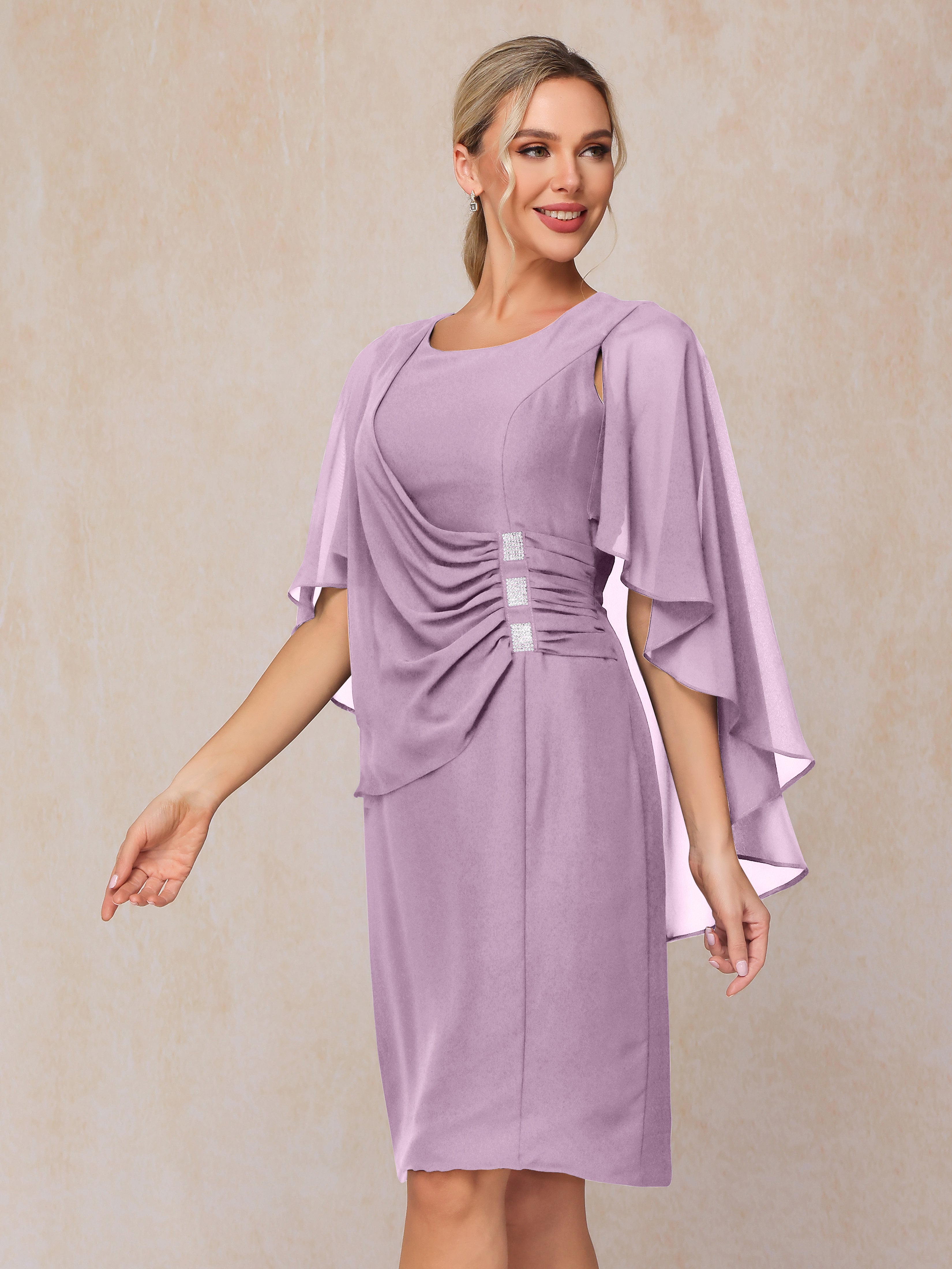 Short Sleeves Knee Length Chiffon Mother Of The Groom Dress With Beading