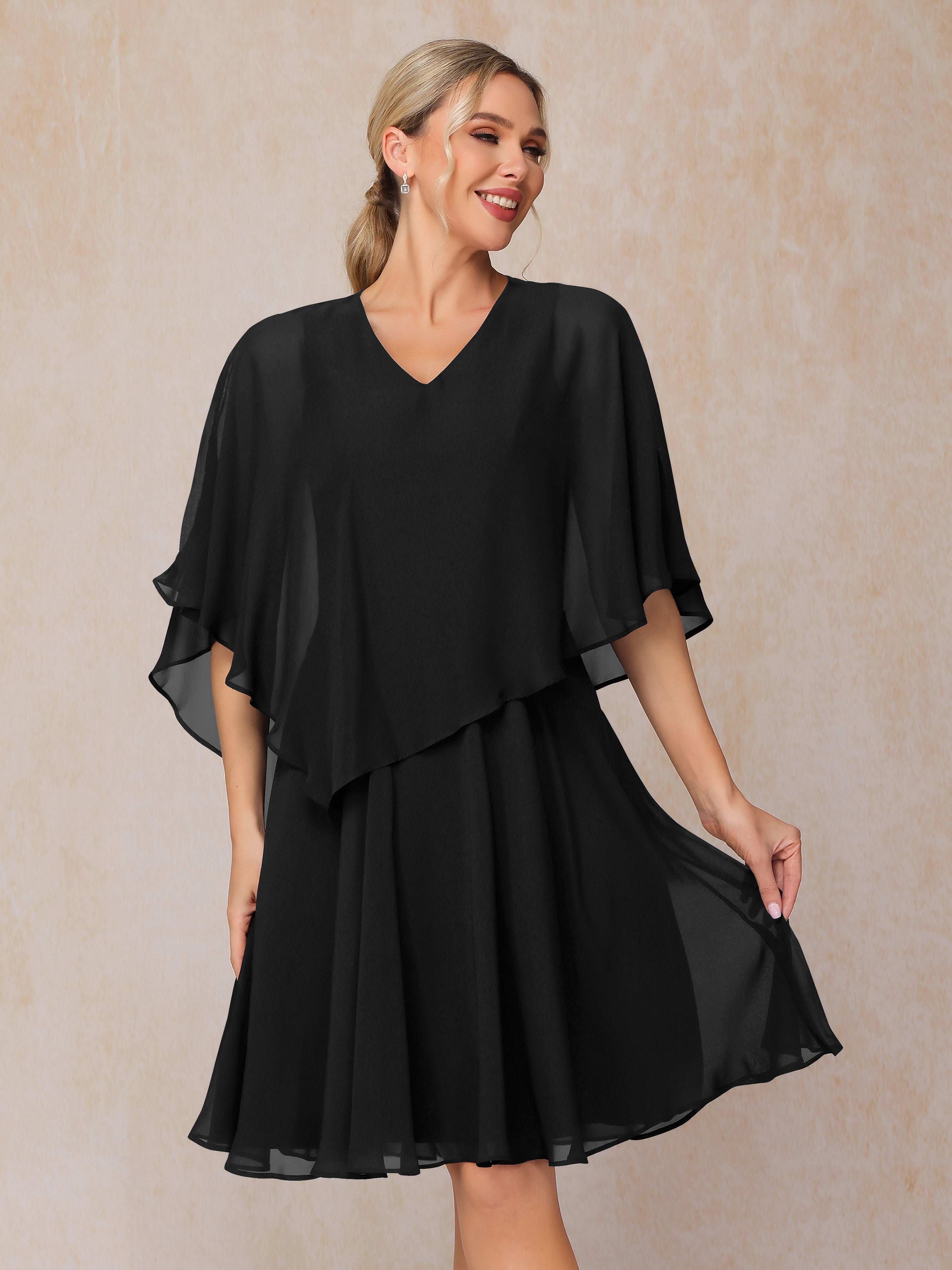 V Neck Short Sleeves Knee Length Chiffon Mother Of The Bride Dress