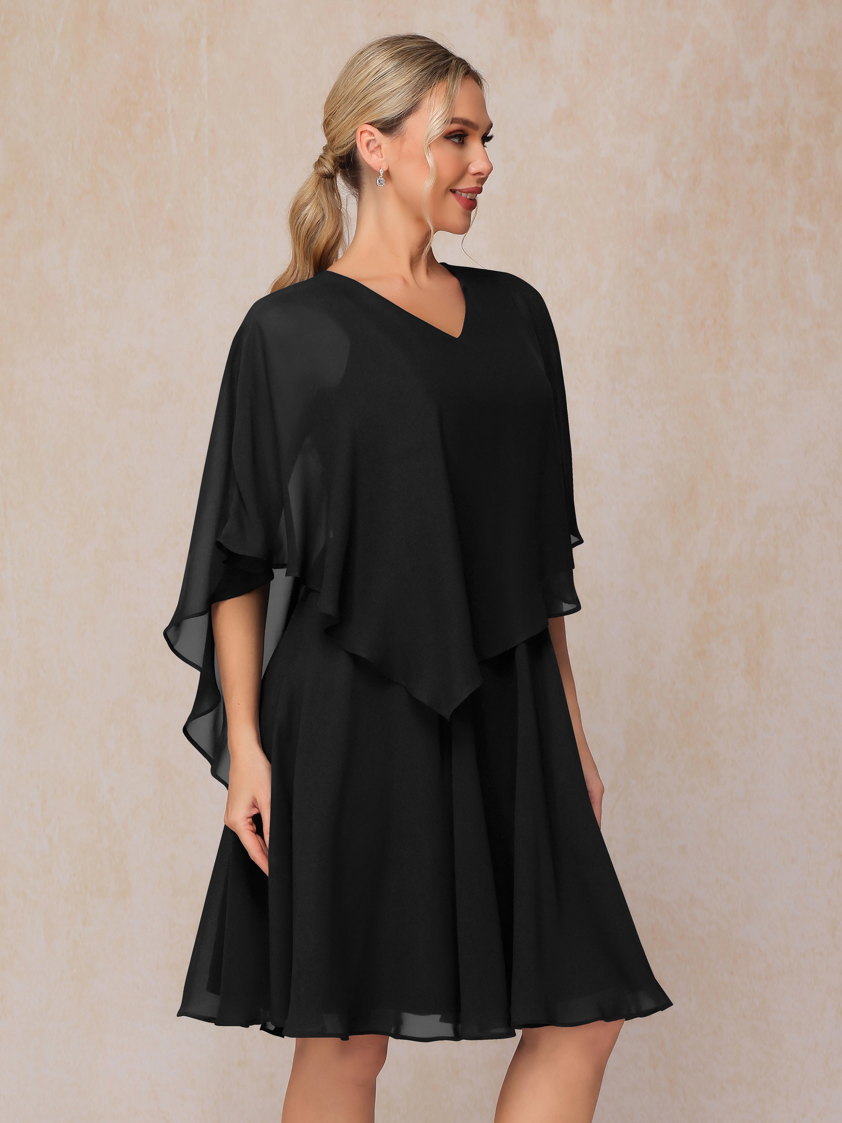 V Neck Short Sleeves Knee Length Chiffon Mother Of The Groom Dress