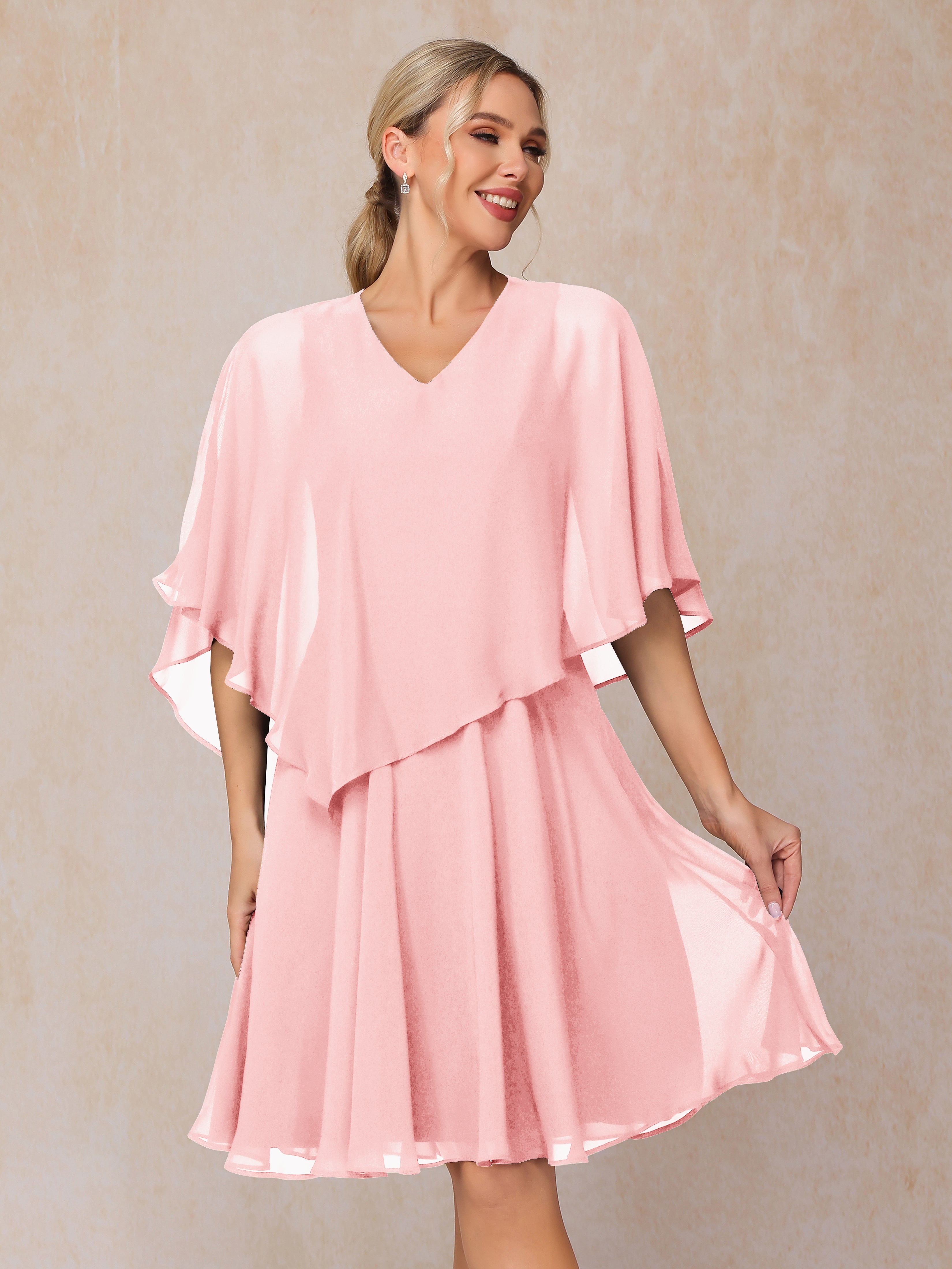 V Neck Short Sleeves Knee Length Chiffon Mother Of The Groom Dress