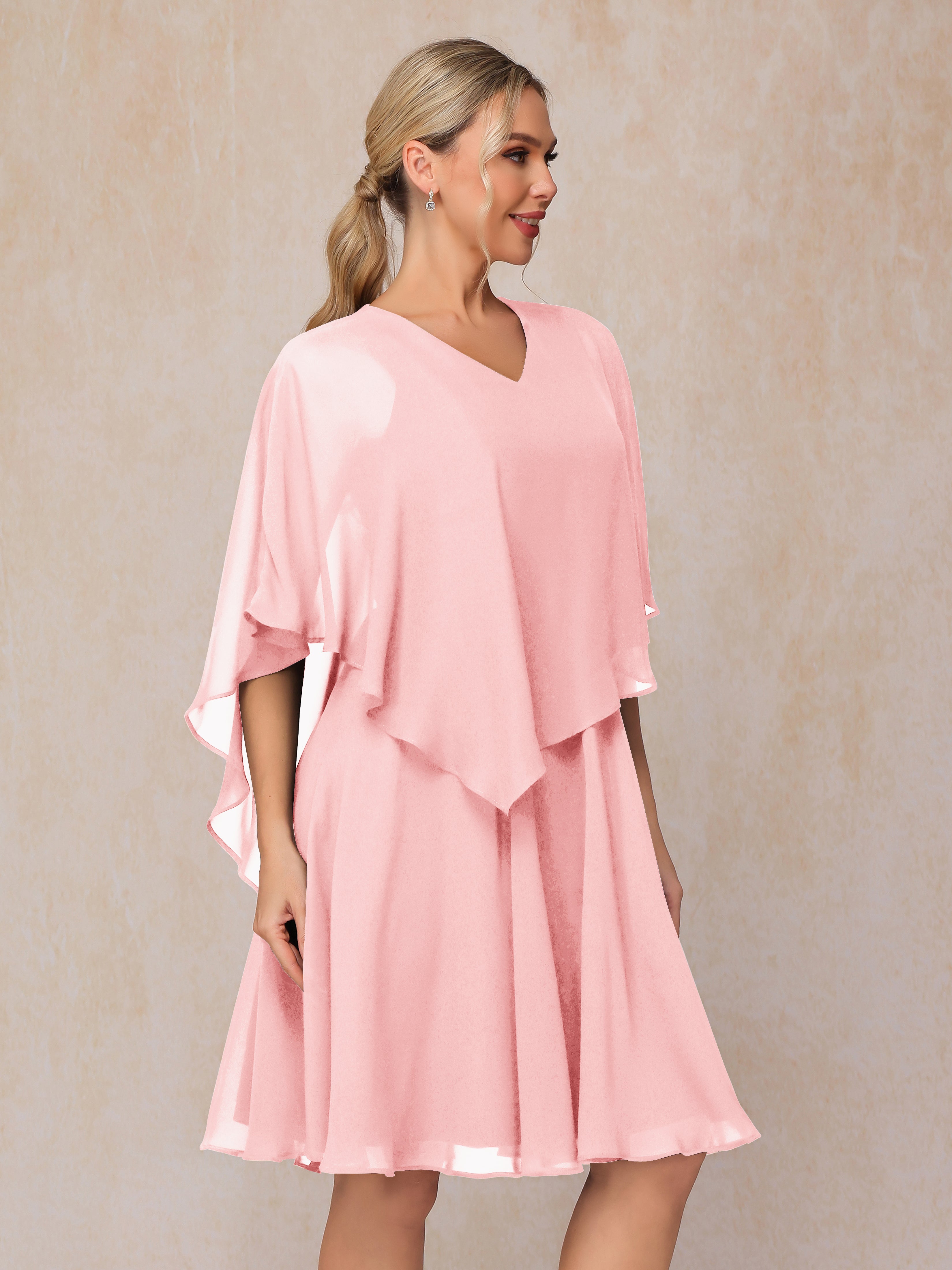 V Neck Short Sleeves Knee Length Chiffon Mother Of The Bride Dress