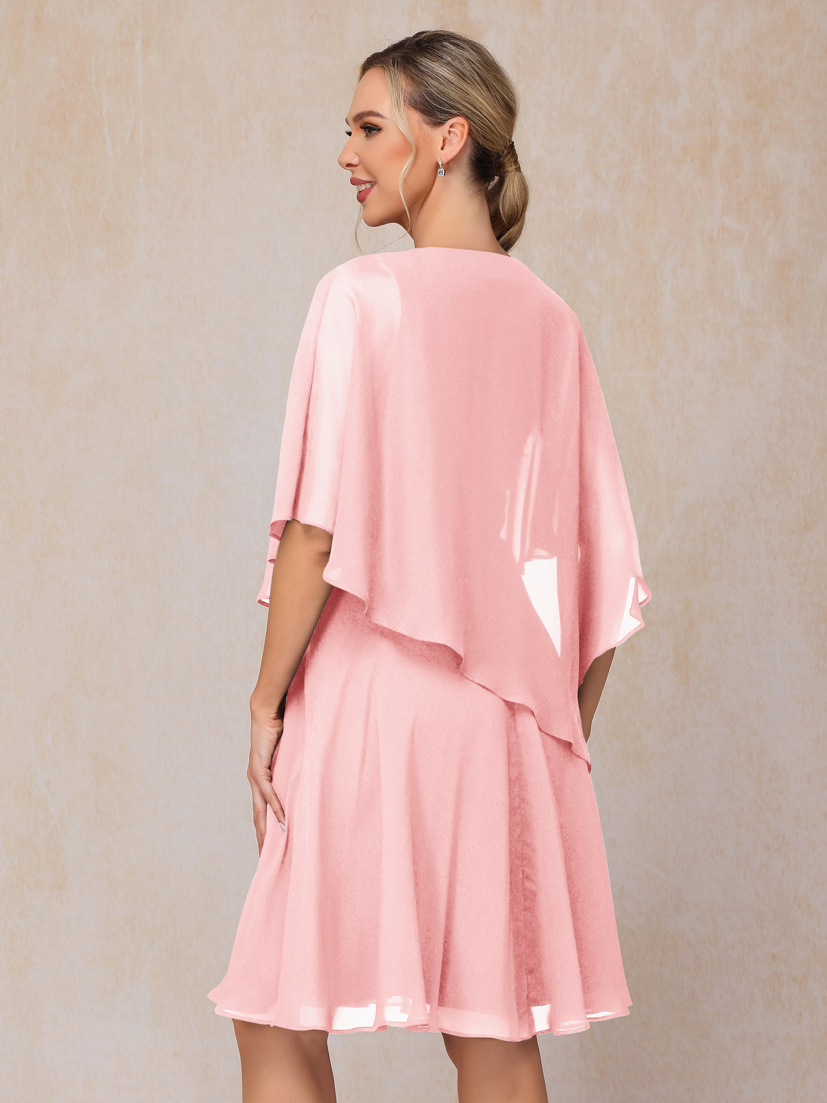 V Neck Short Sleeves Knee Length Chiffon Mother Of The Bride Dress