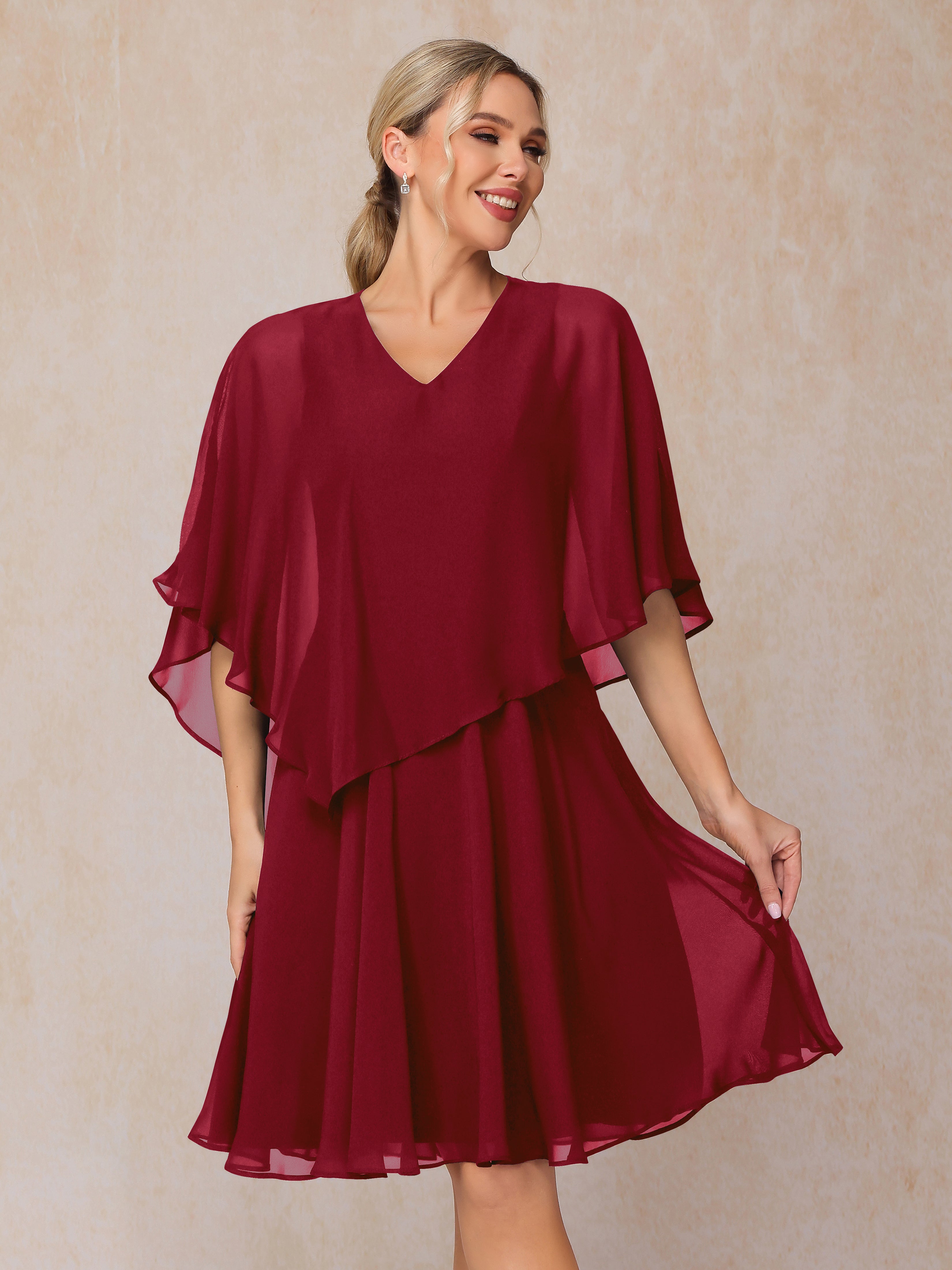 V Neck Short Sleeves Knee Length Chiffon Mother Of The Bride Dress