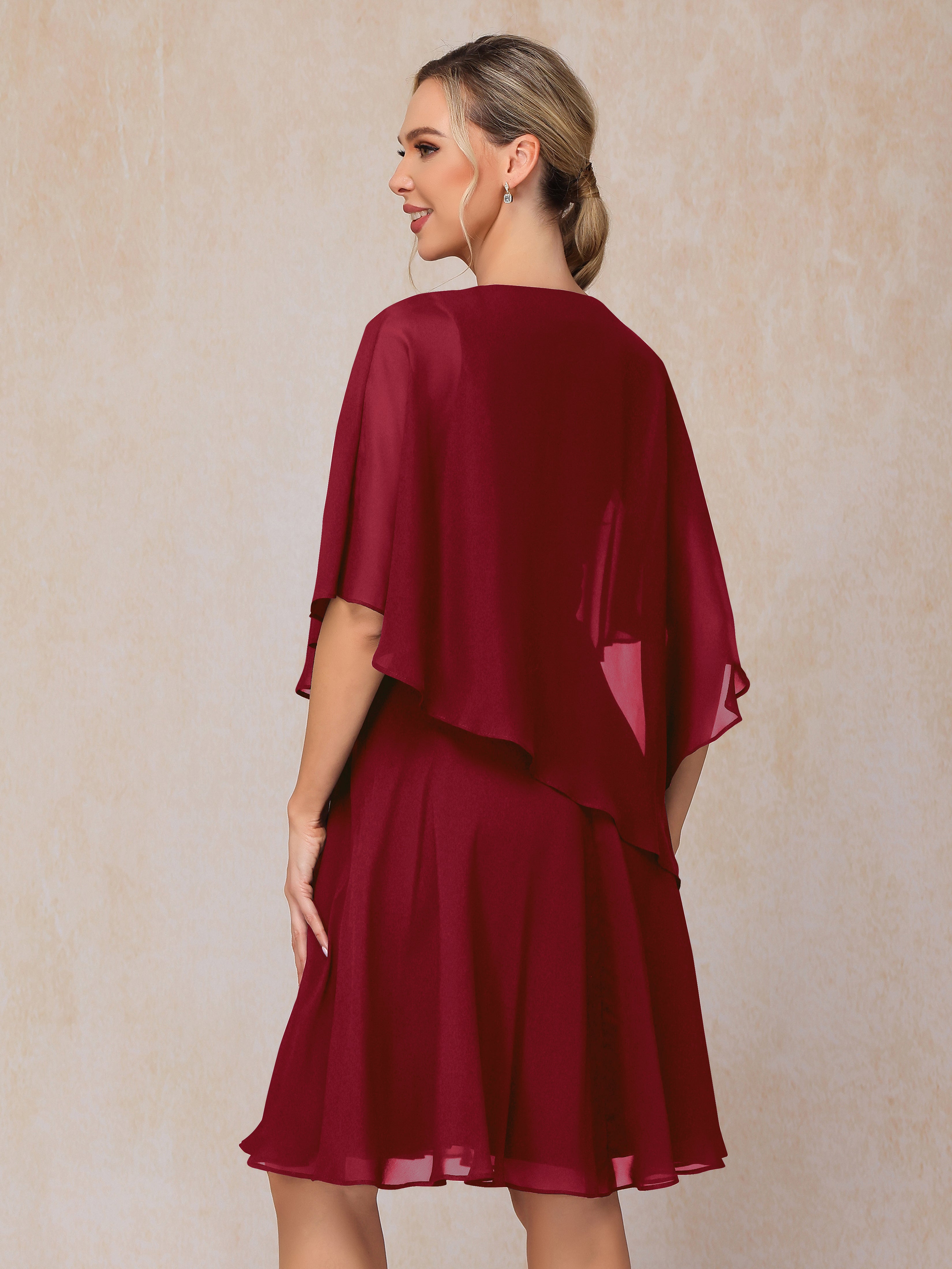 V Neck Short Sleeves Knee Length Chiffon Mother Of The Bride Dress