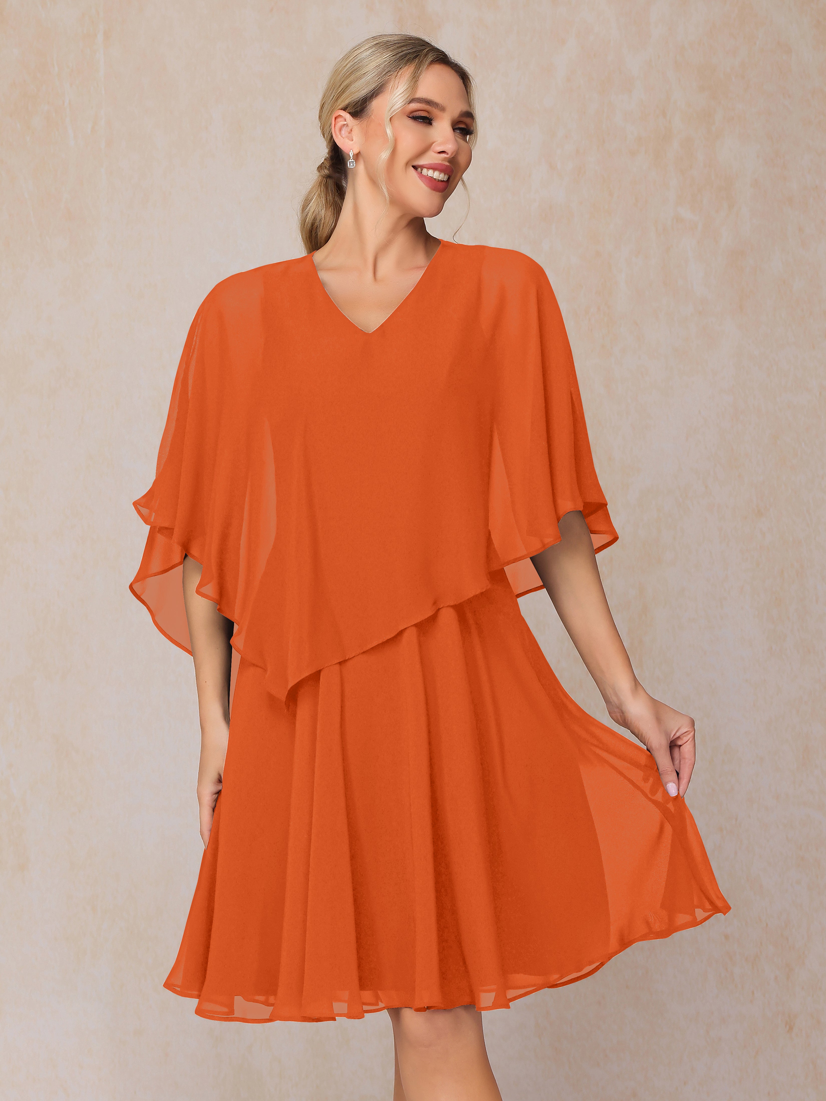 V Neck Short Sleeves Knee Length Chiffon Mother Of The Bride Dress