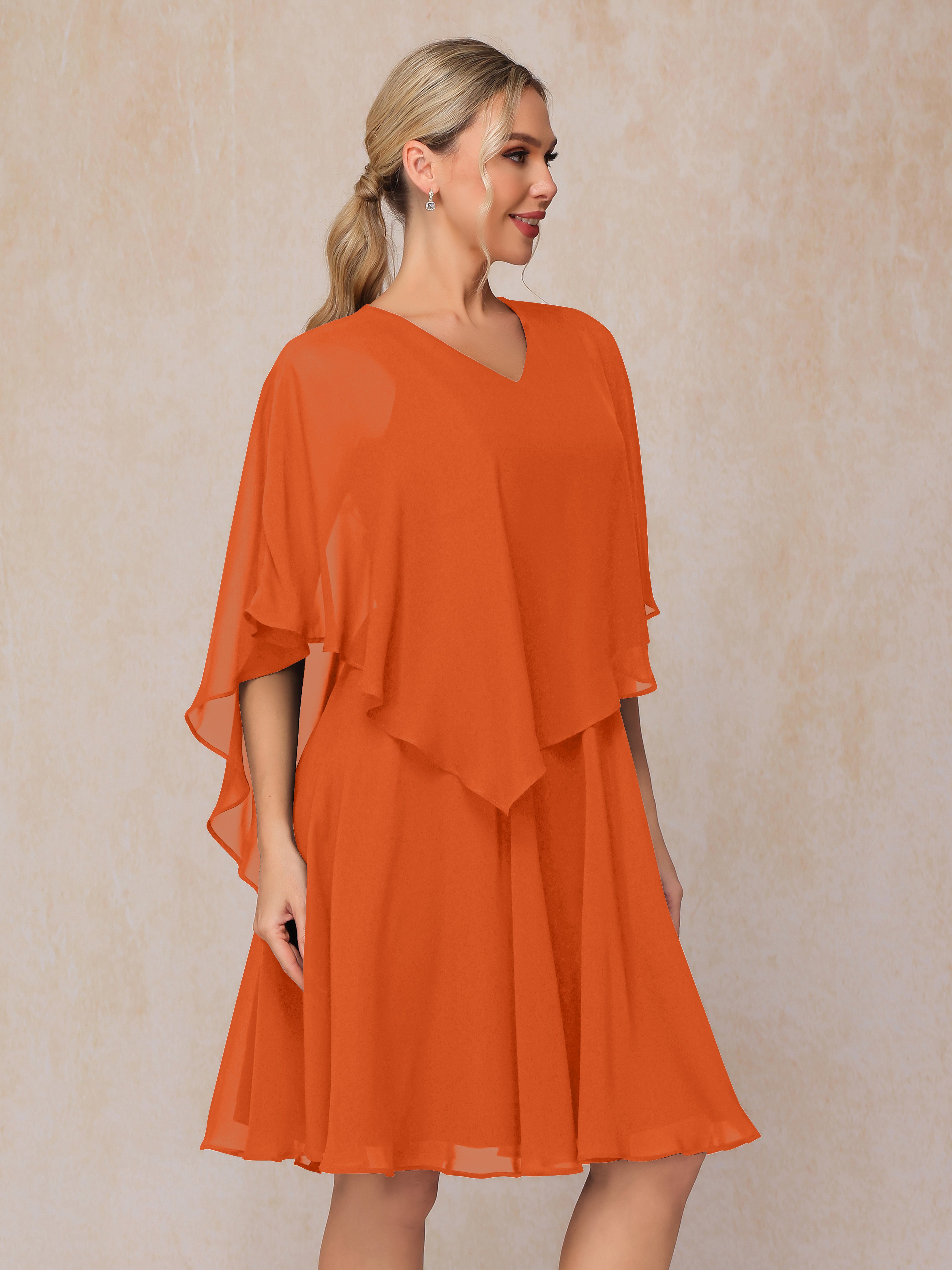 V Neck Short Sleeves Knee Length Chiffon Mother Of The Bride Dress