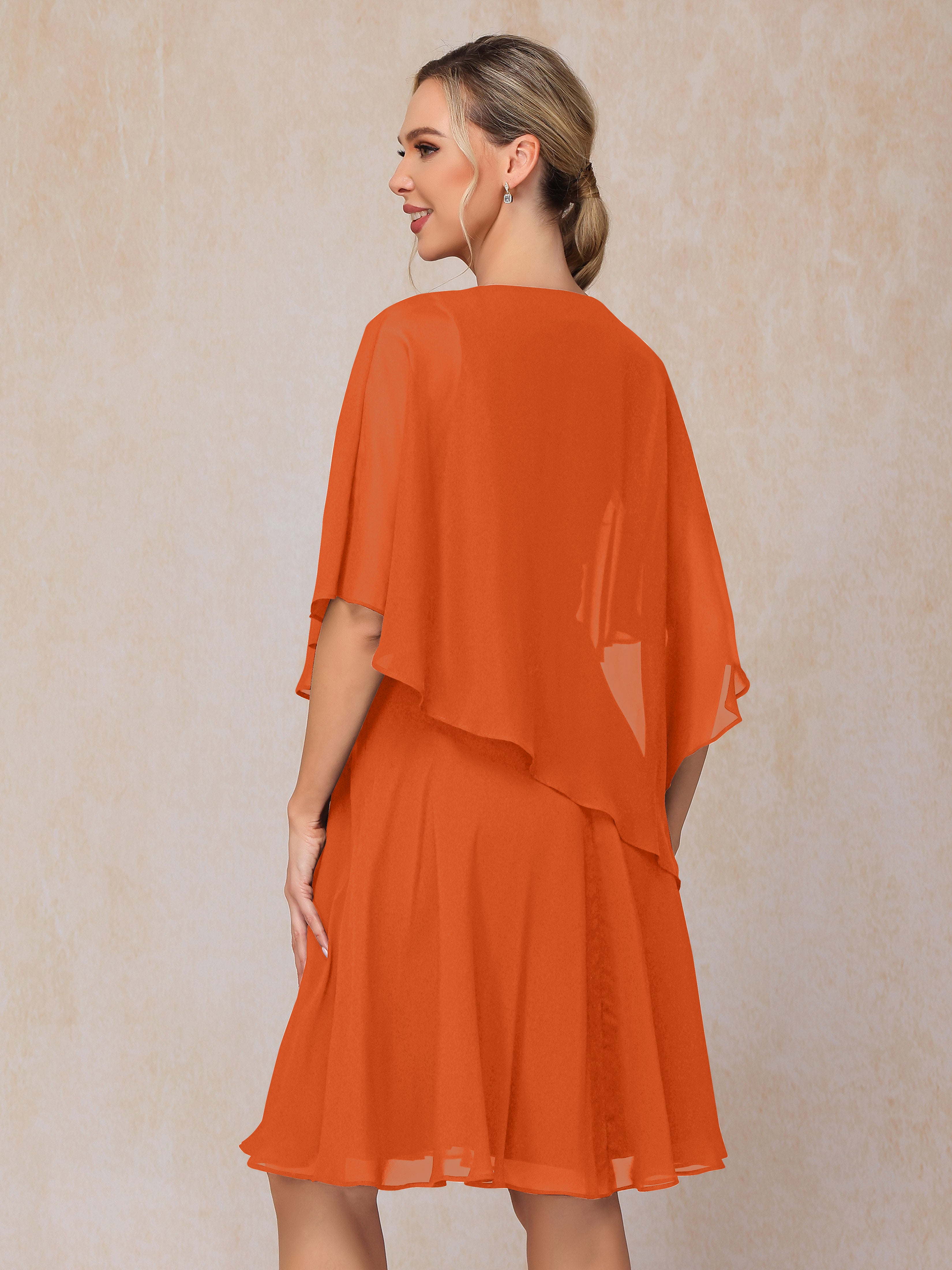 V Neck Short Sleeves Knee Length Chiffon Mother Of The Bride Dress