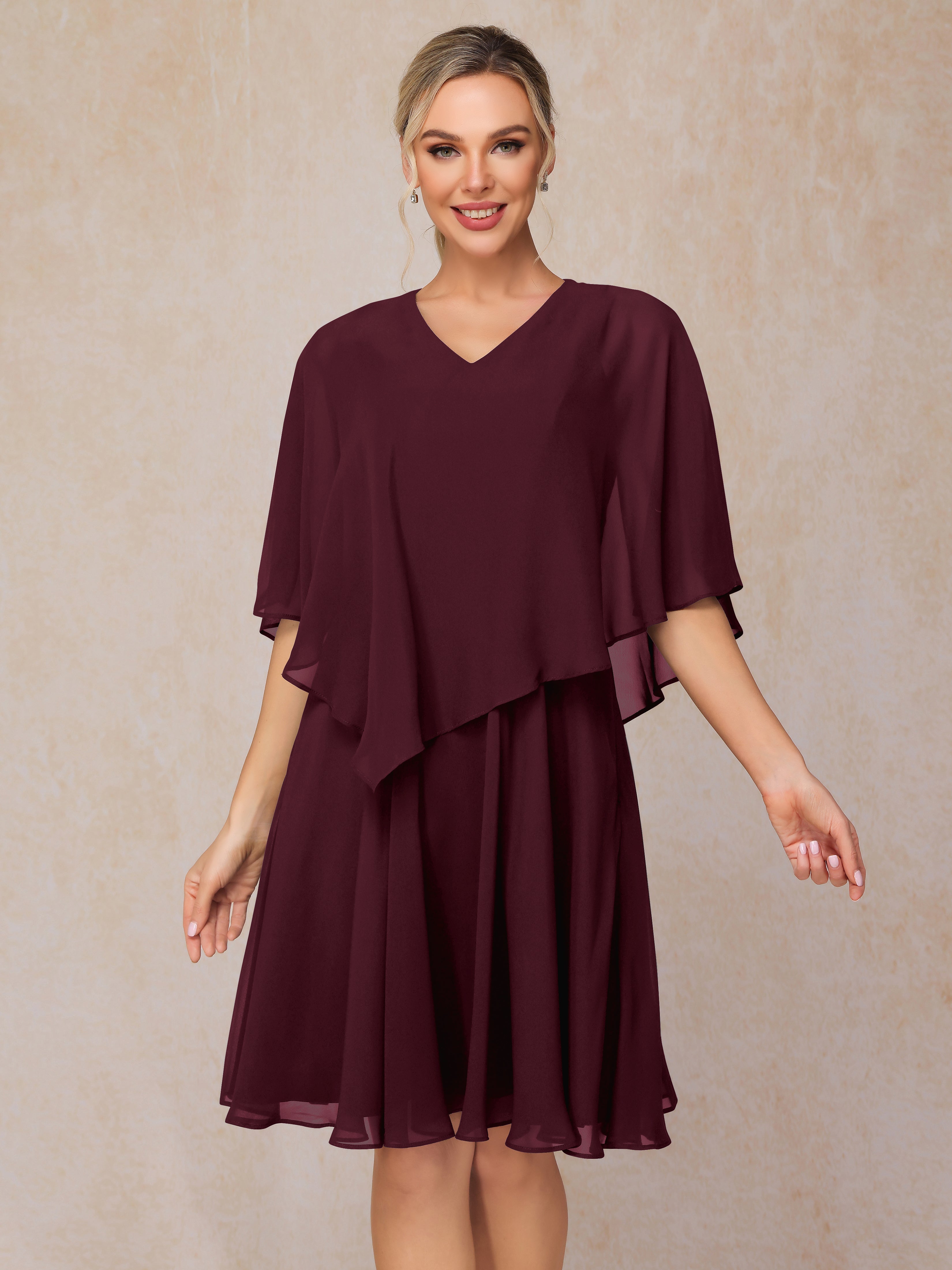 V Neck Short Sleeves Knee Length Chiffon Mother Of The Groom Dress, Cabernet