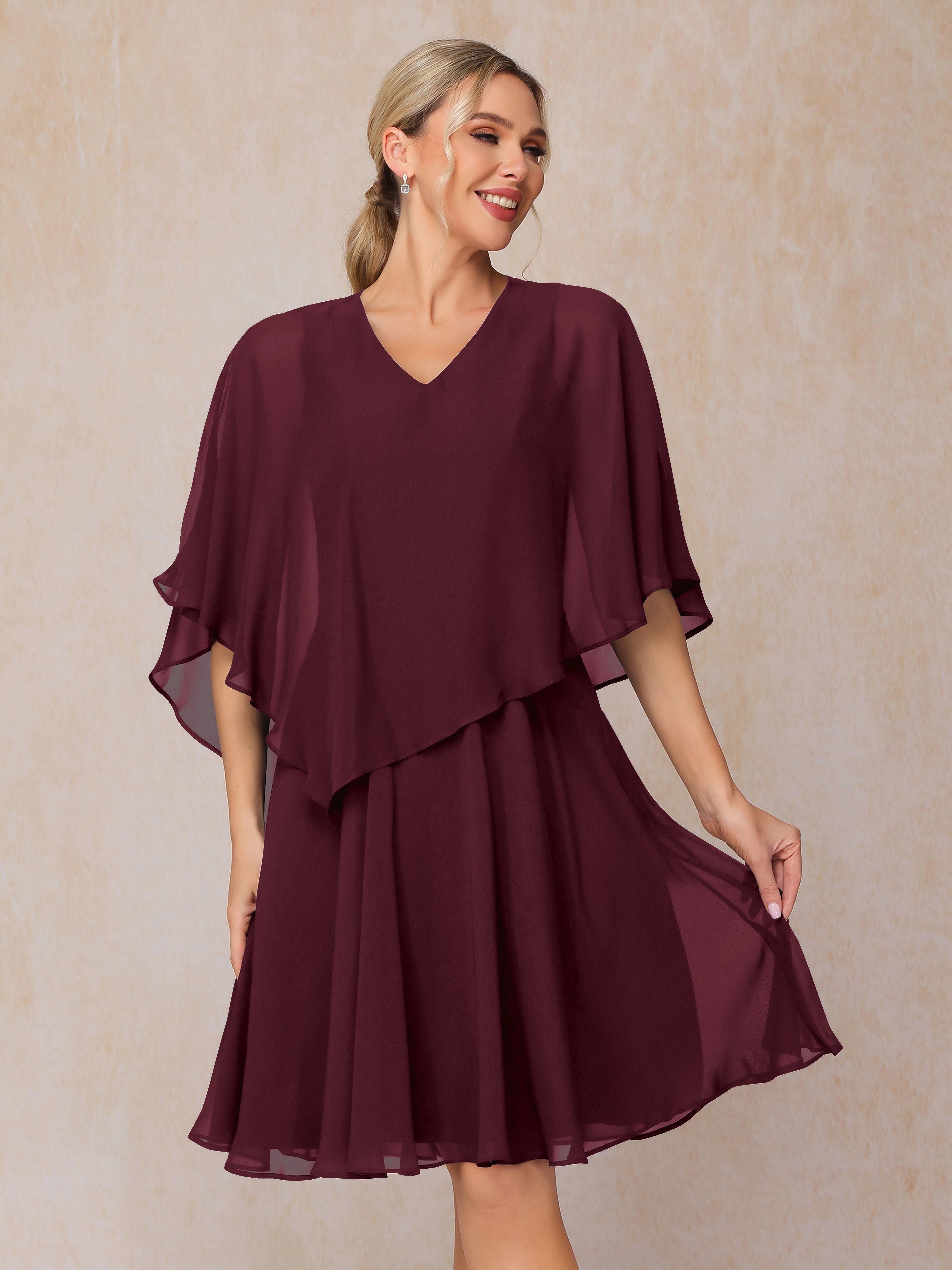 V Neck Short Sleeves Knee Length Chiffon Mother Of The Bride Dress