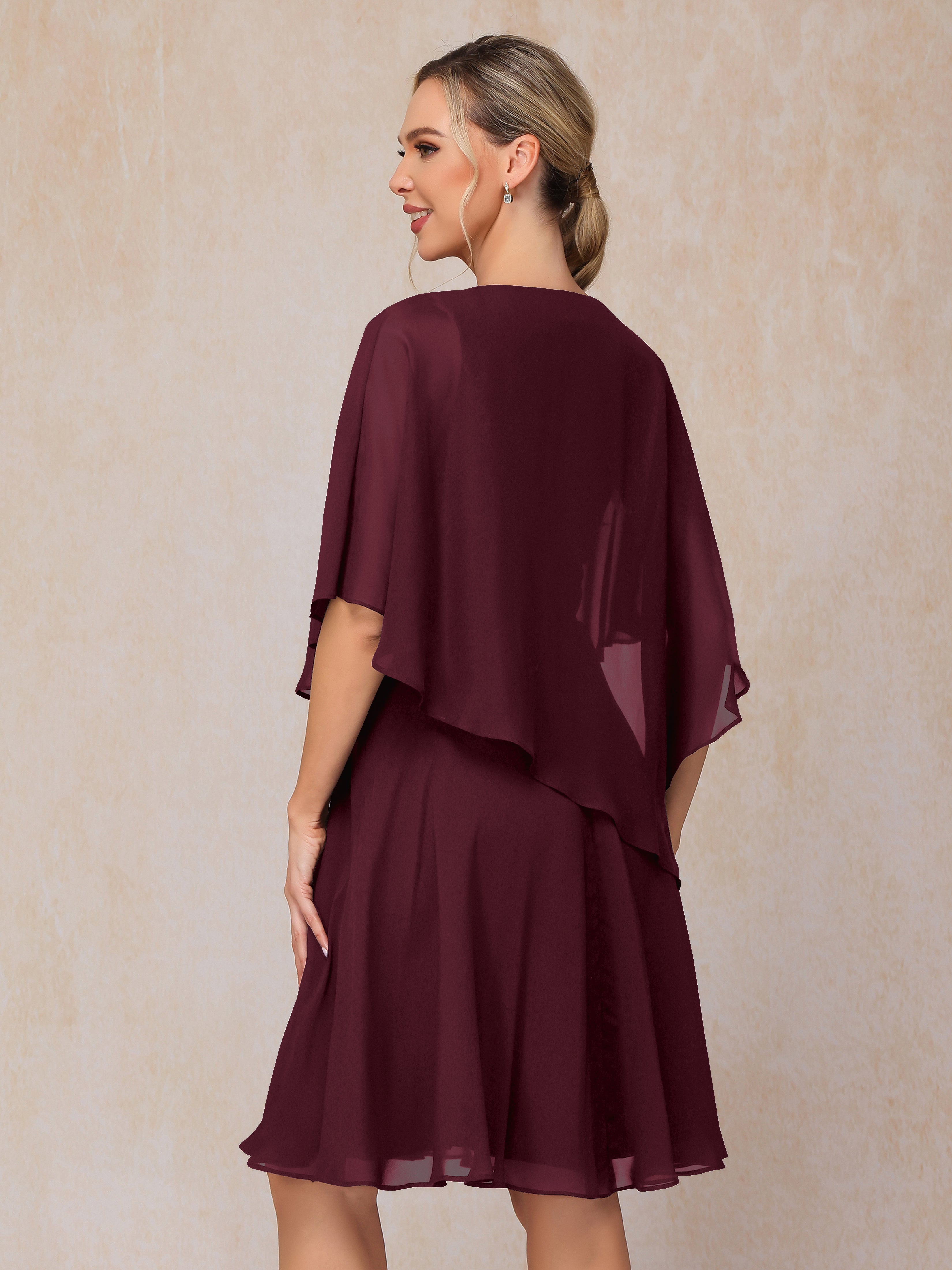 V Neck Short Sleeves Knee Length Chiffon Mother Of The Bride Dress