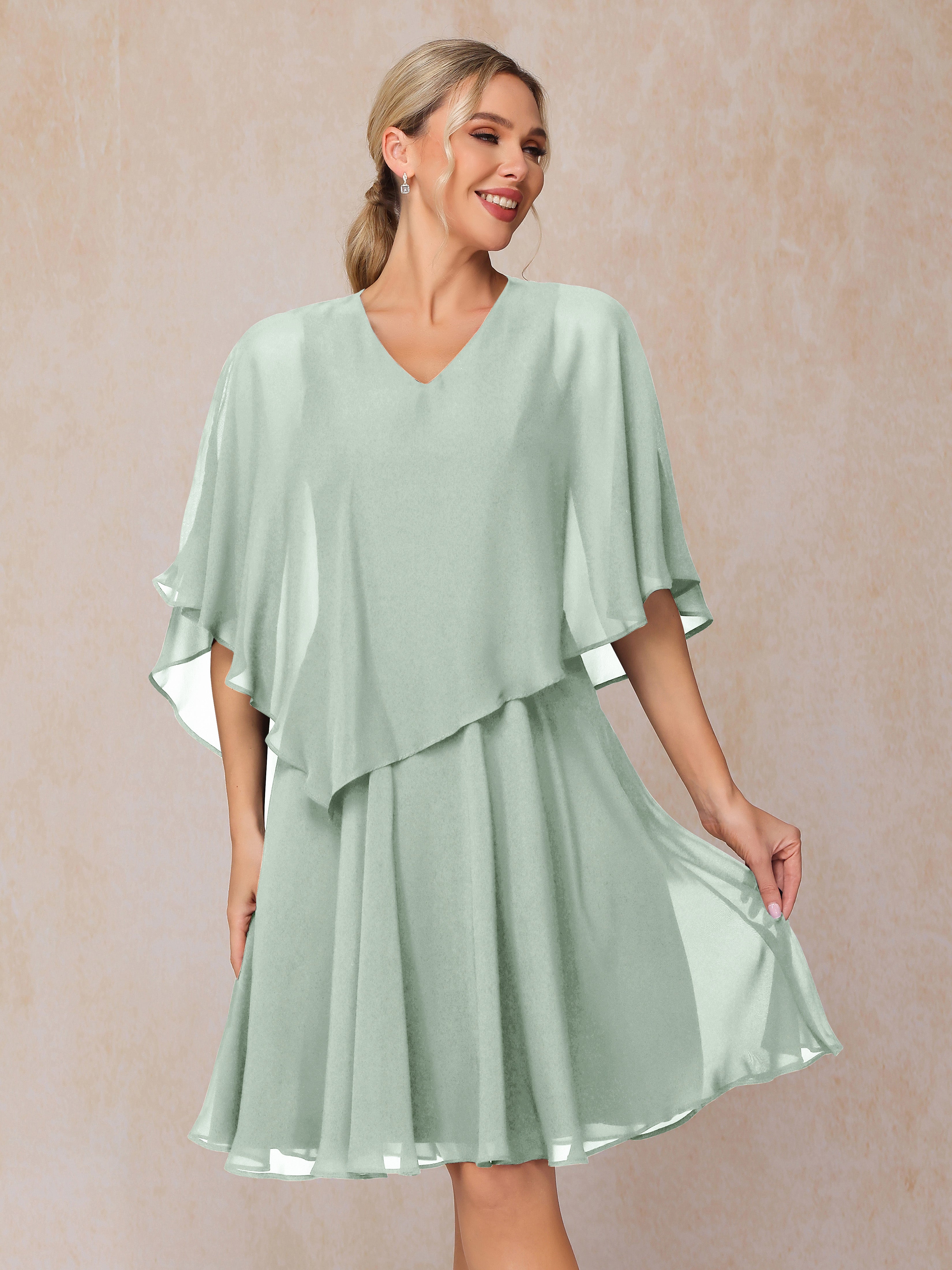 V Neck Short Sleeves Knee Length Chiffon Mother Of The Bride Dress