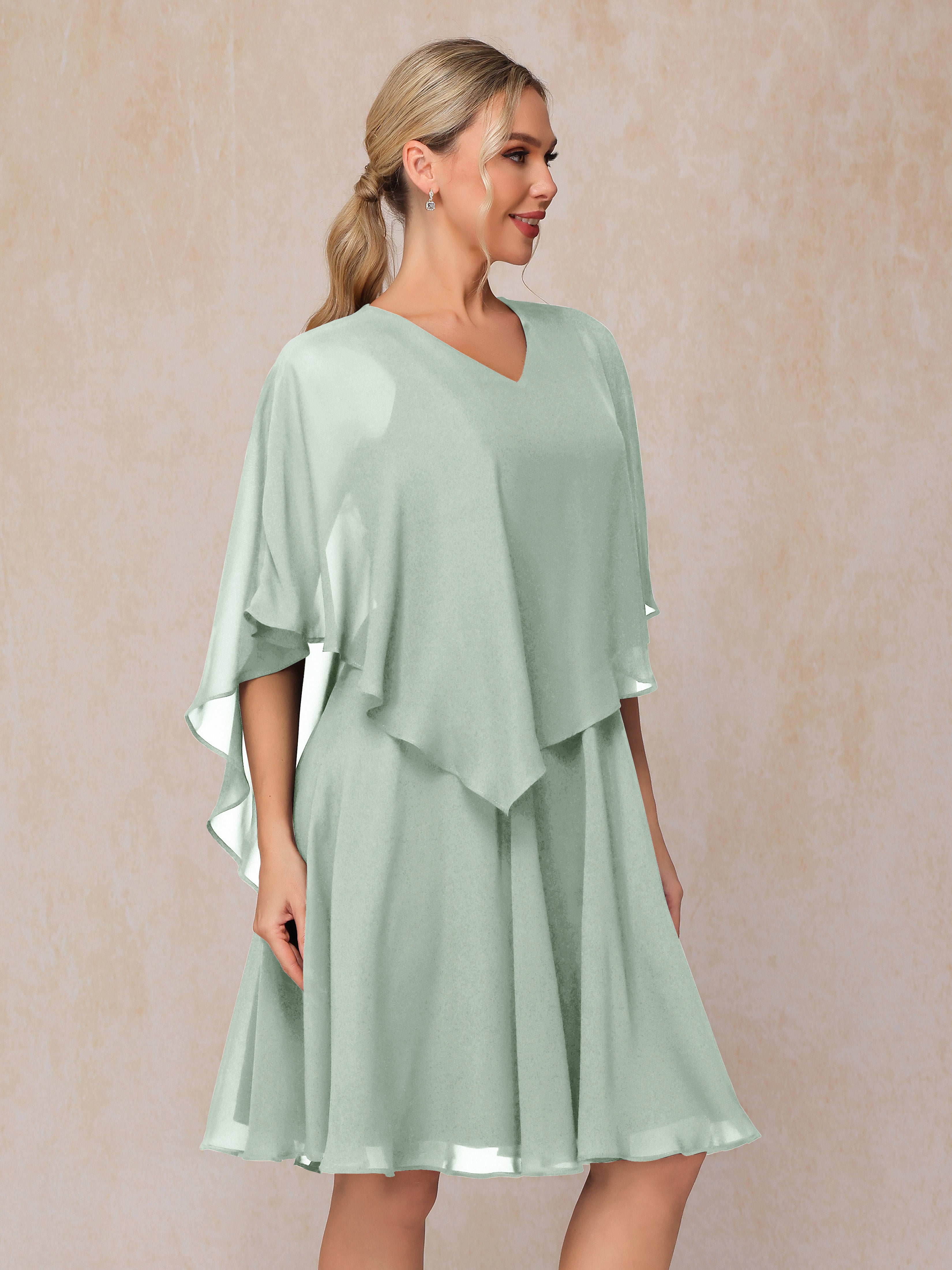 V Neck Short Sleeves Knee Length Chiffon Mother Of The Bride Dress