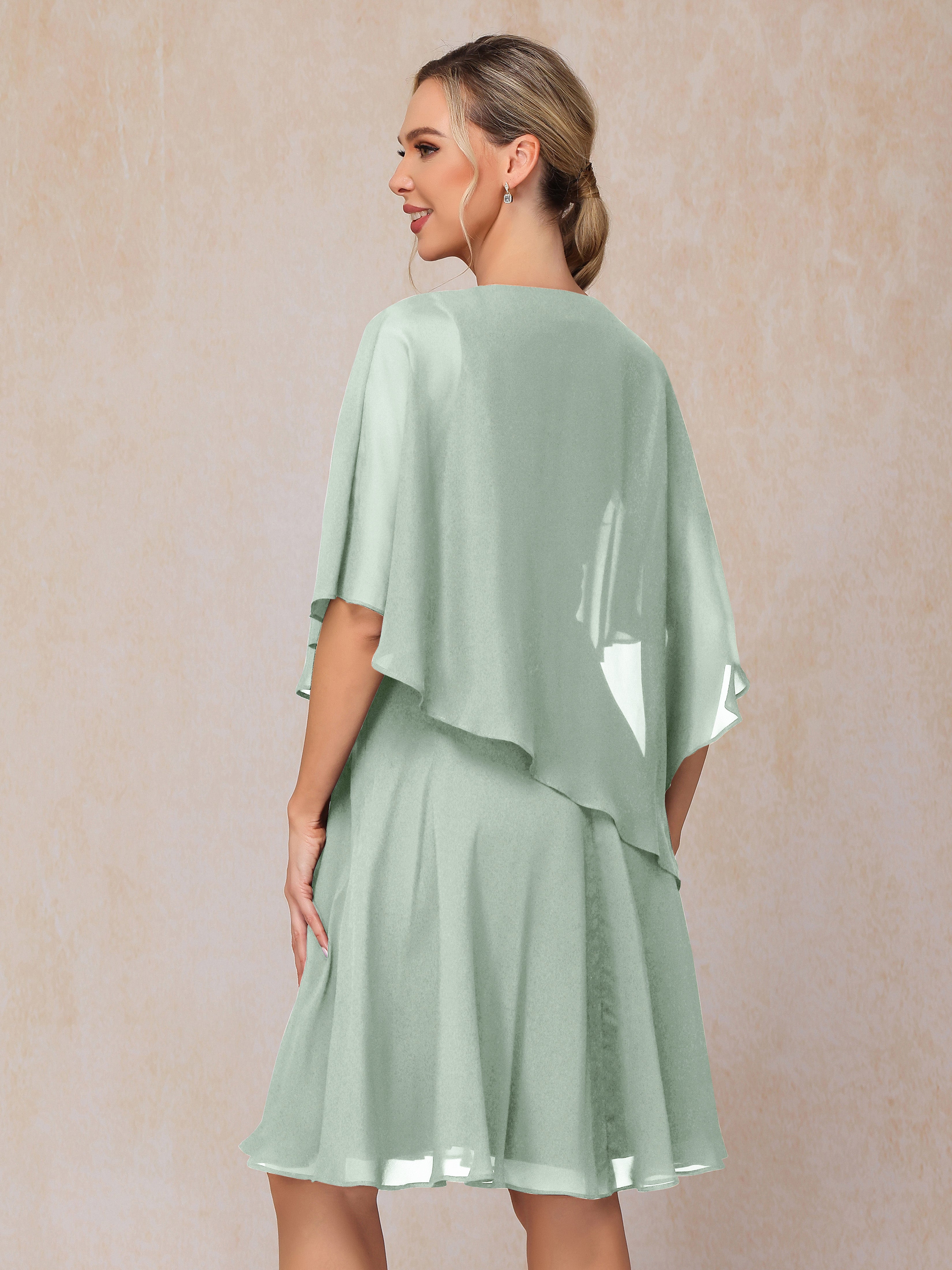 V Neck Short Sleeves Knee Length Chiffon Mother Of The Bride Dress