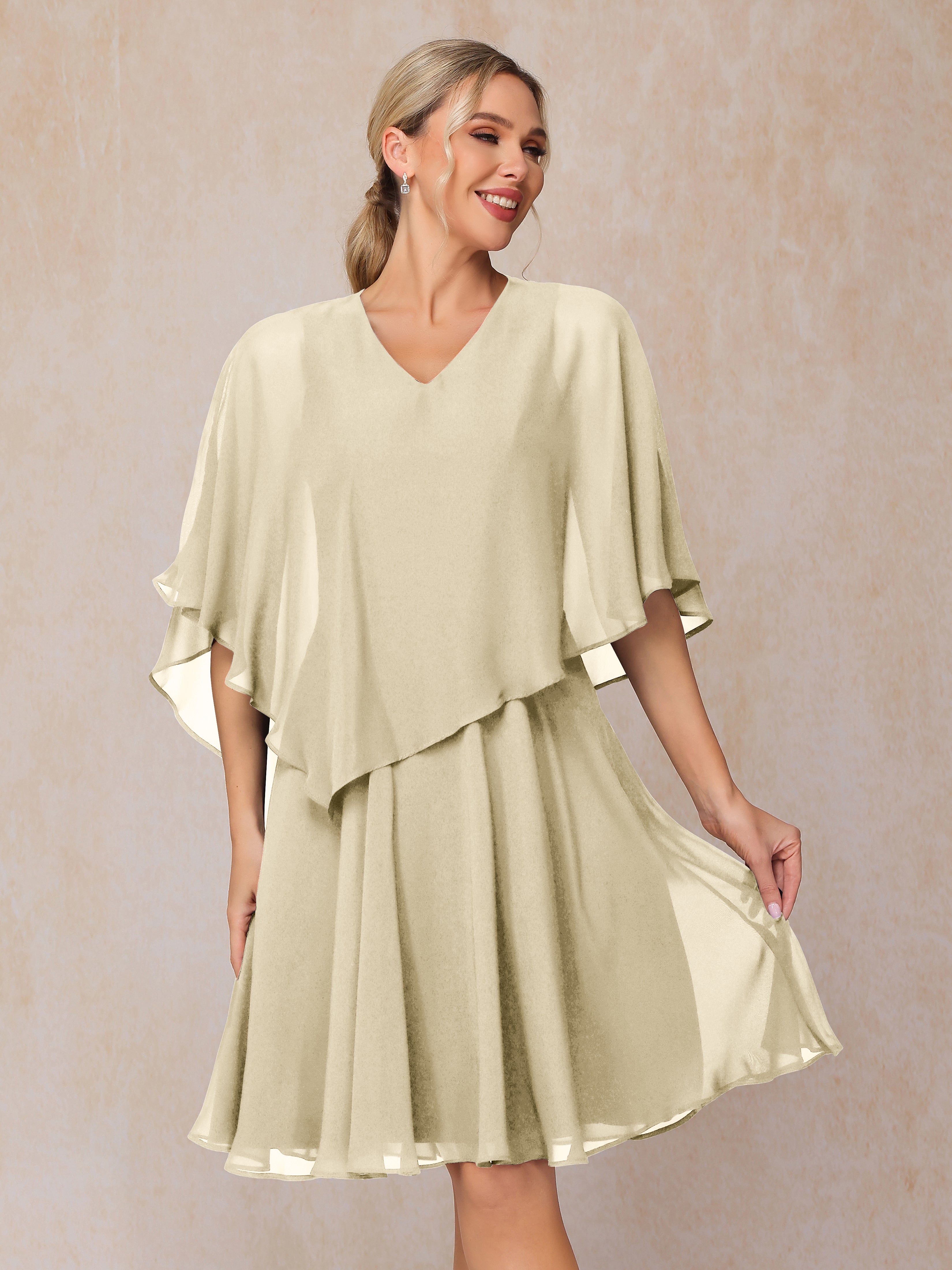 V Neck Short Sleeves Knee Length Chiffon Mother Of The Groom Dress