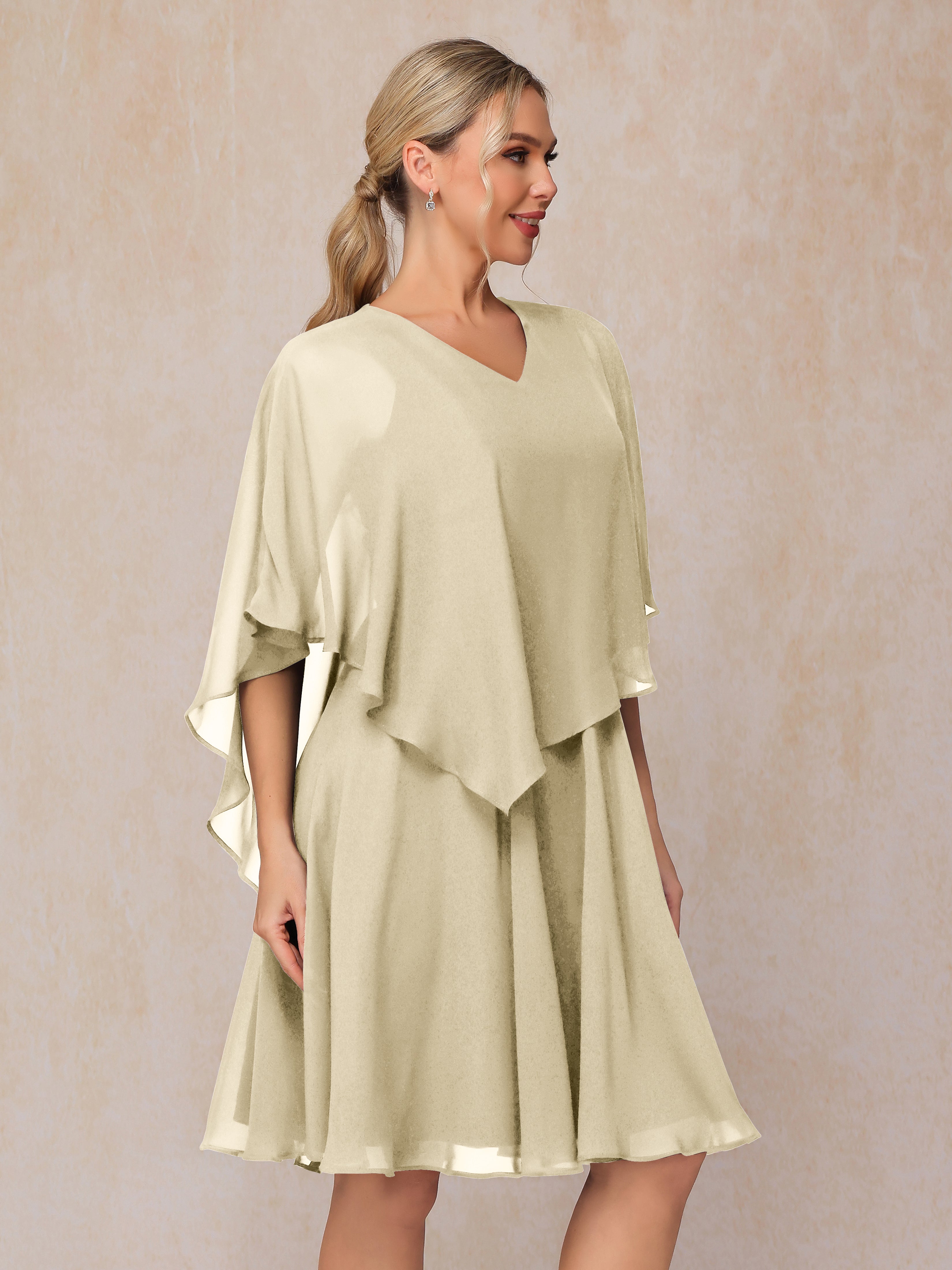 V Neck Short Sleeves Knee Length Chiffon Mother Of The Groom Dress