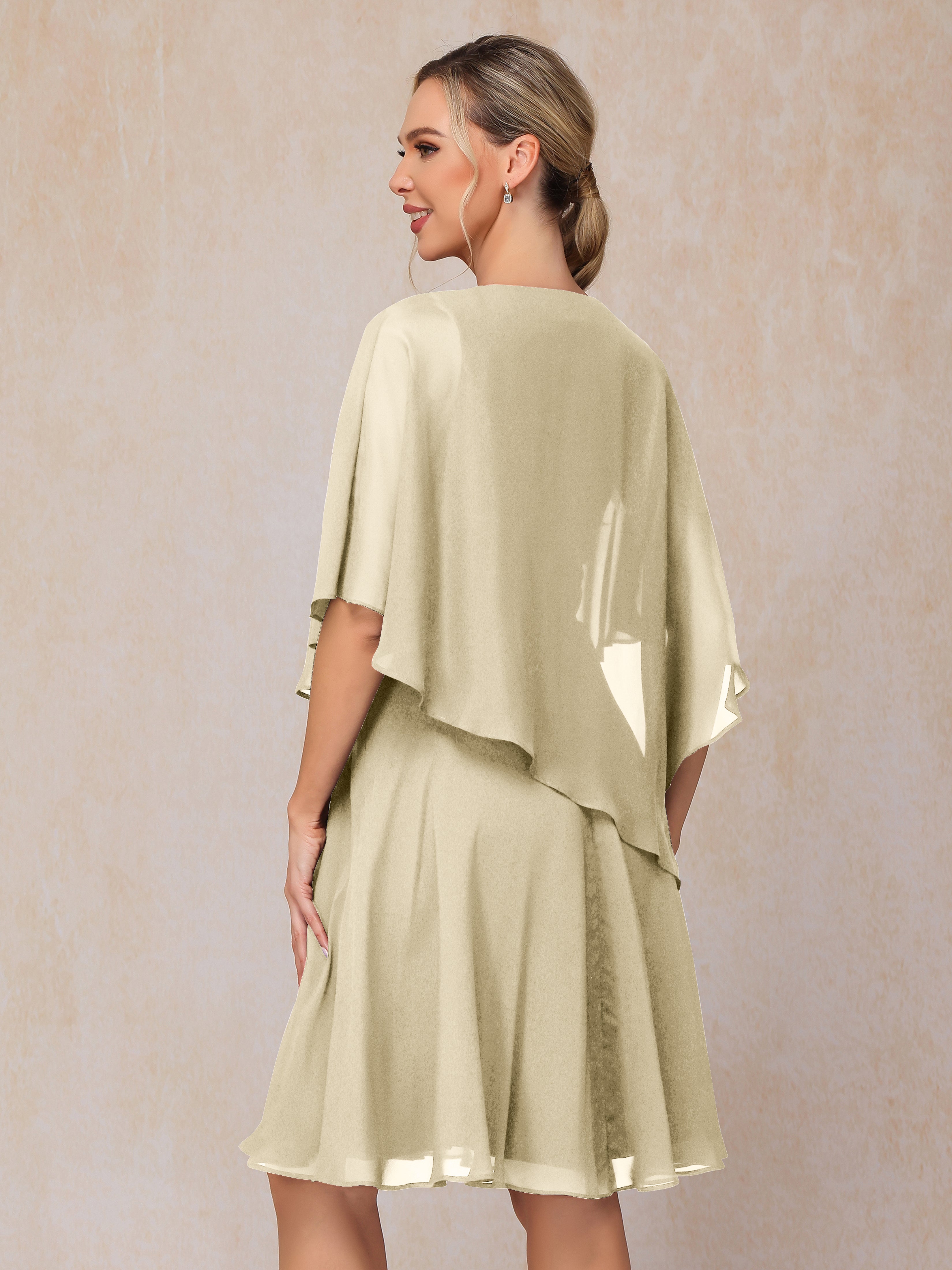 V Neck Short Sleeves Knee Length Chiffon Mother Of The Bride Dress