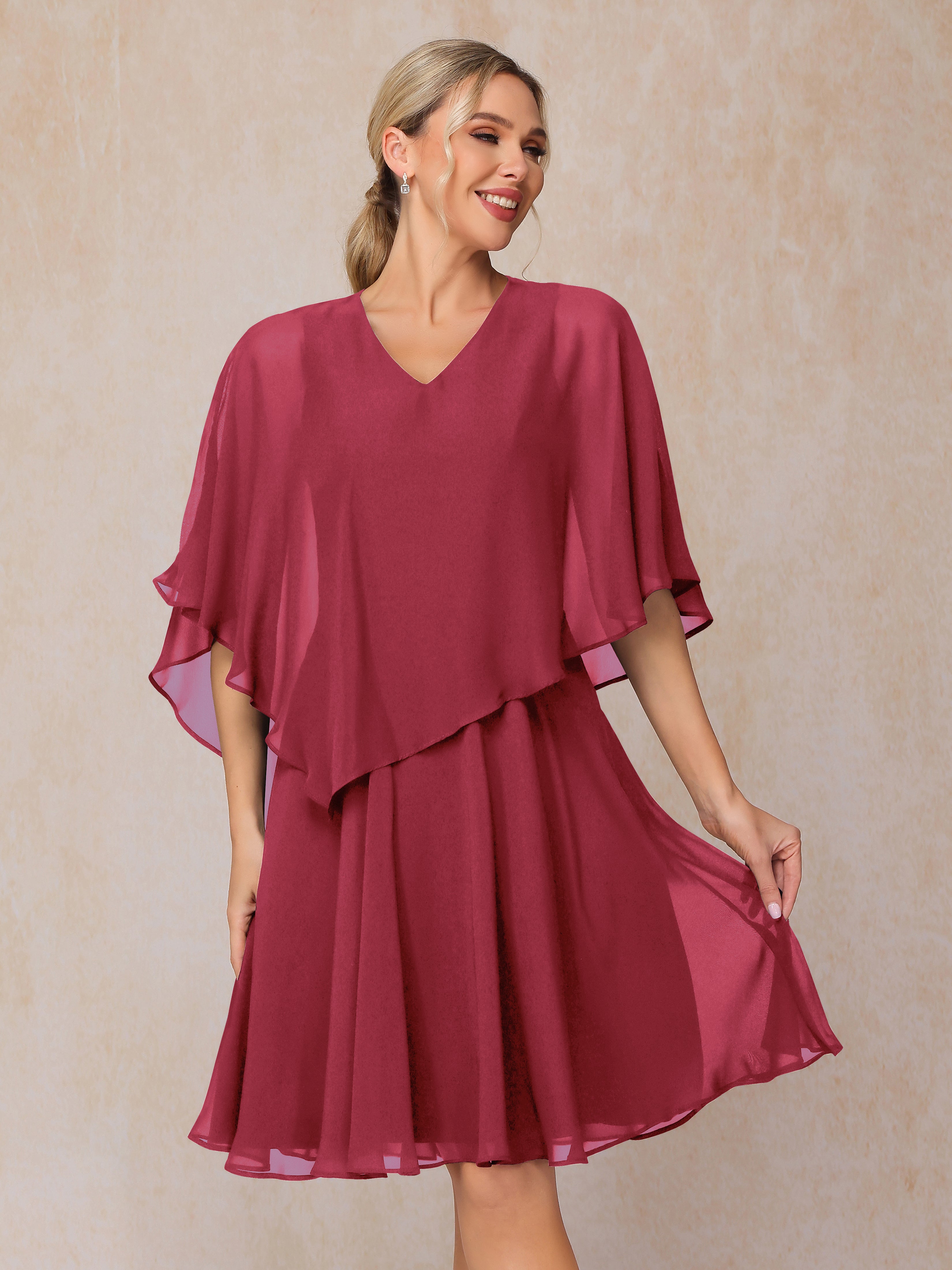 V Neck Short Sleeves Knee Length Chiffon Mother Of The Bride Dress