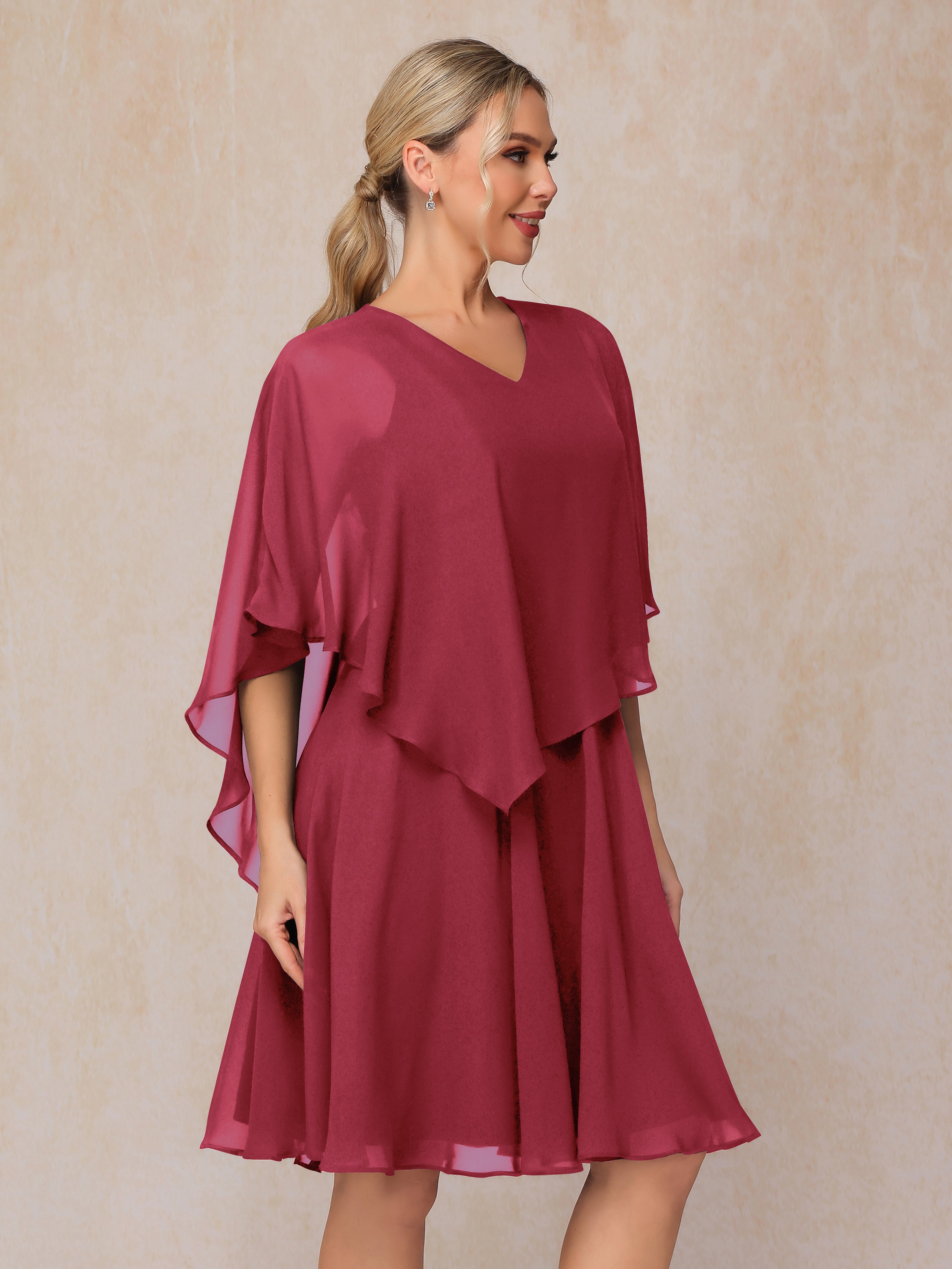 V Neck Short Sleeves Knee Length Chiffon Mother Of The Bride Dress