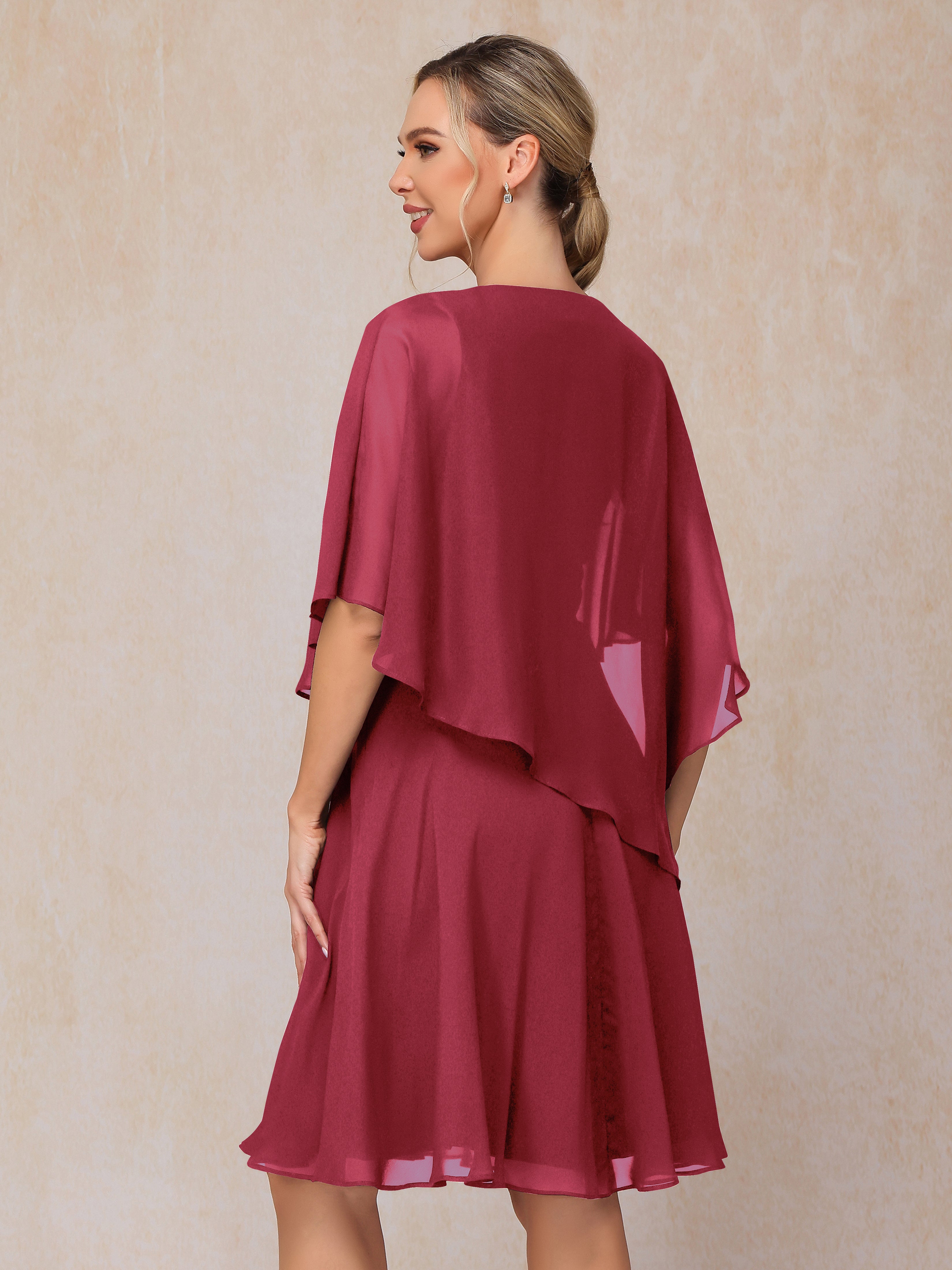 V Neck Short Sleeves Knee Length Chiffon Mother Of The Bride Dress