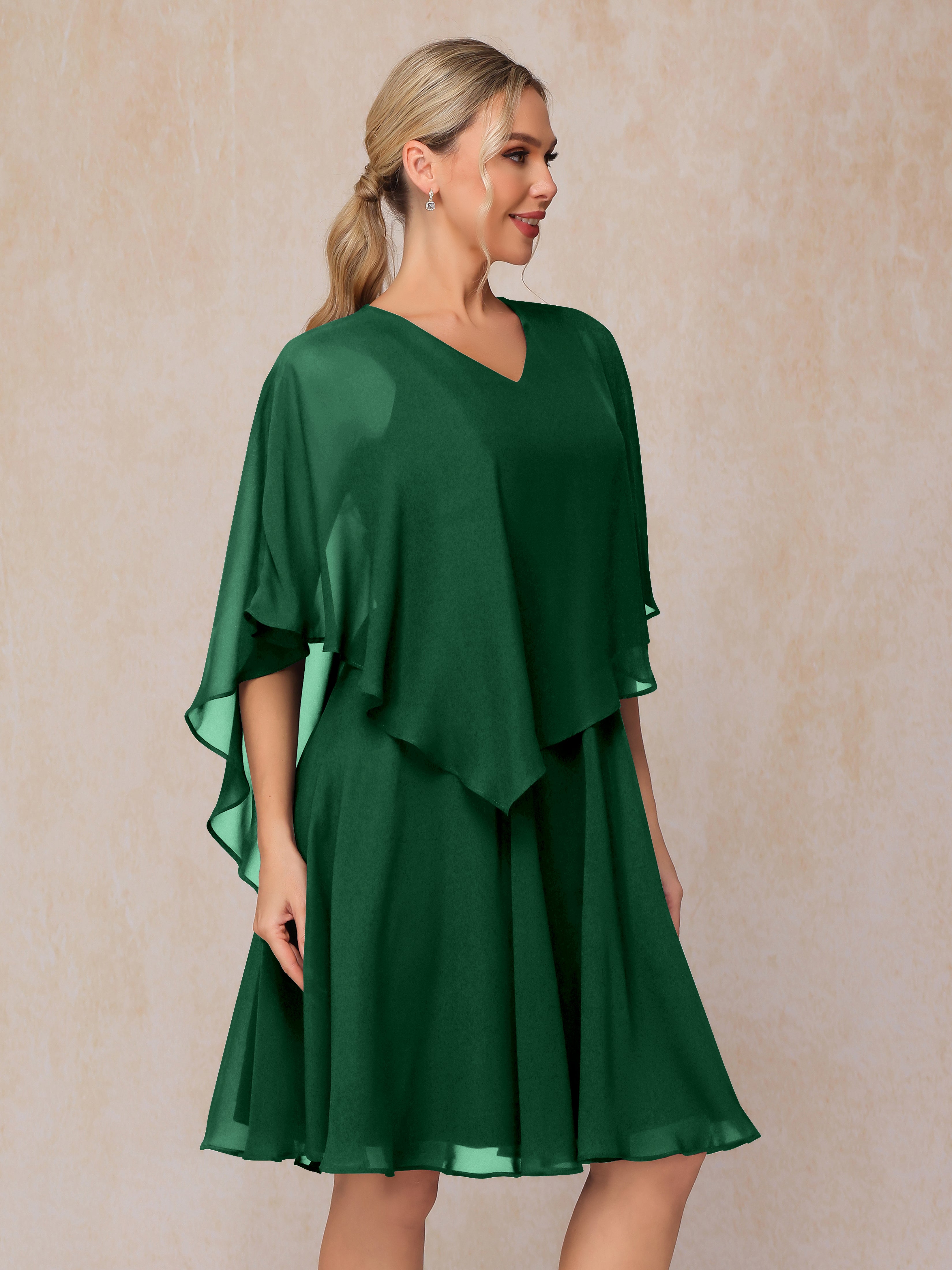 V Neck Short Sleeves Knee Length Chiffon Mother Of The Bride Dress