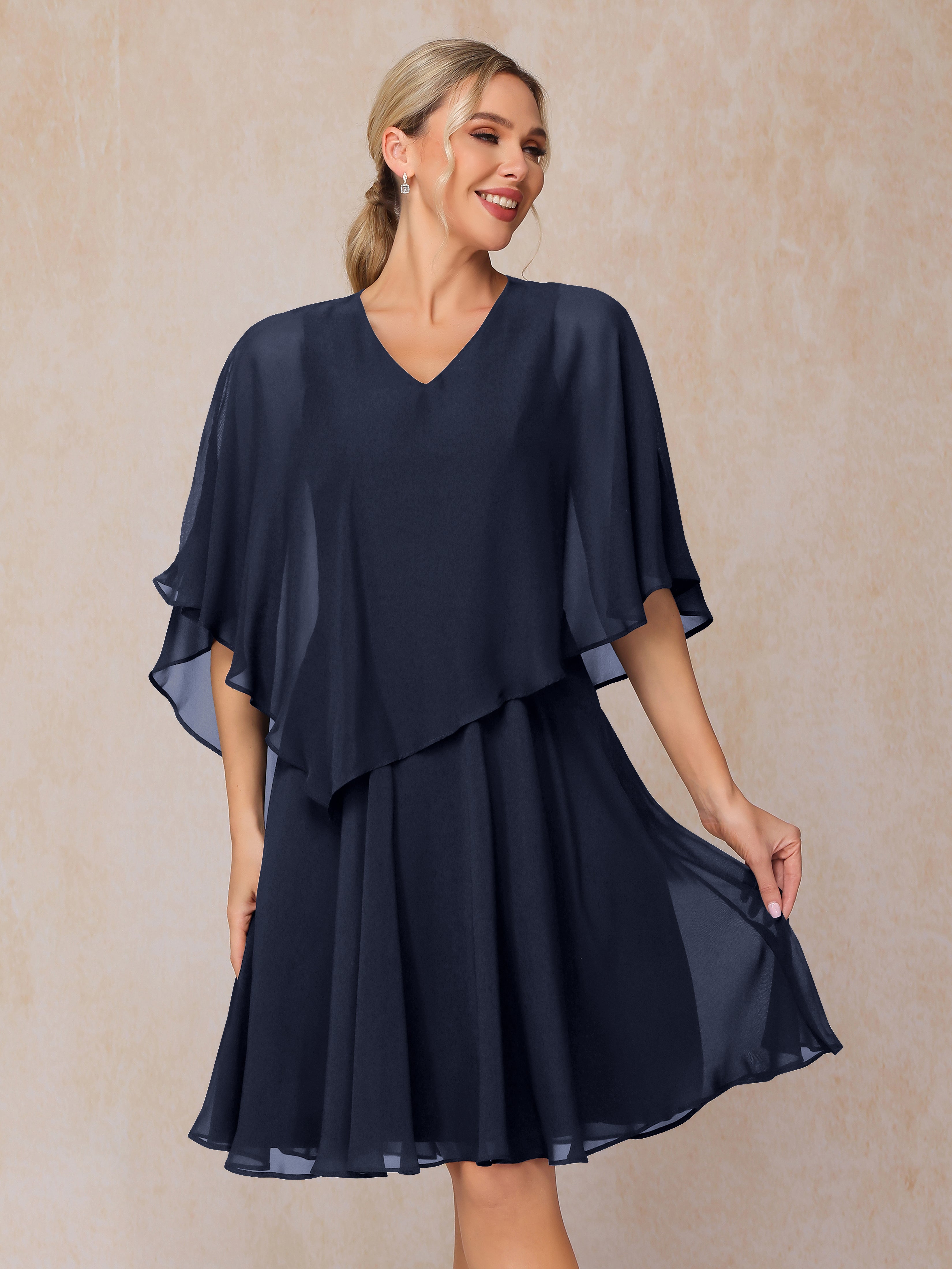 V Neck Short Sleeves Knee Length Chiffon Mother Of The Bride Dress