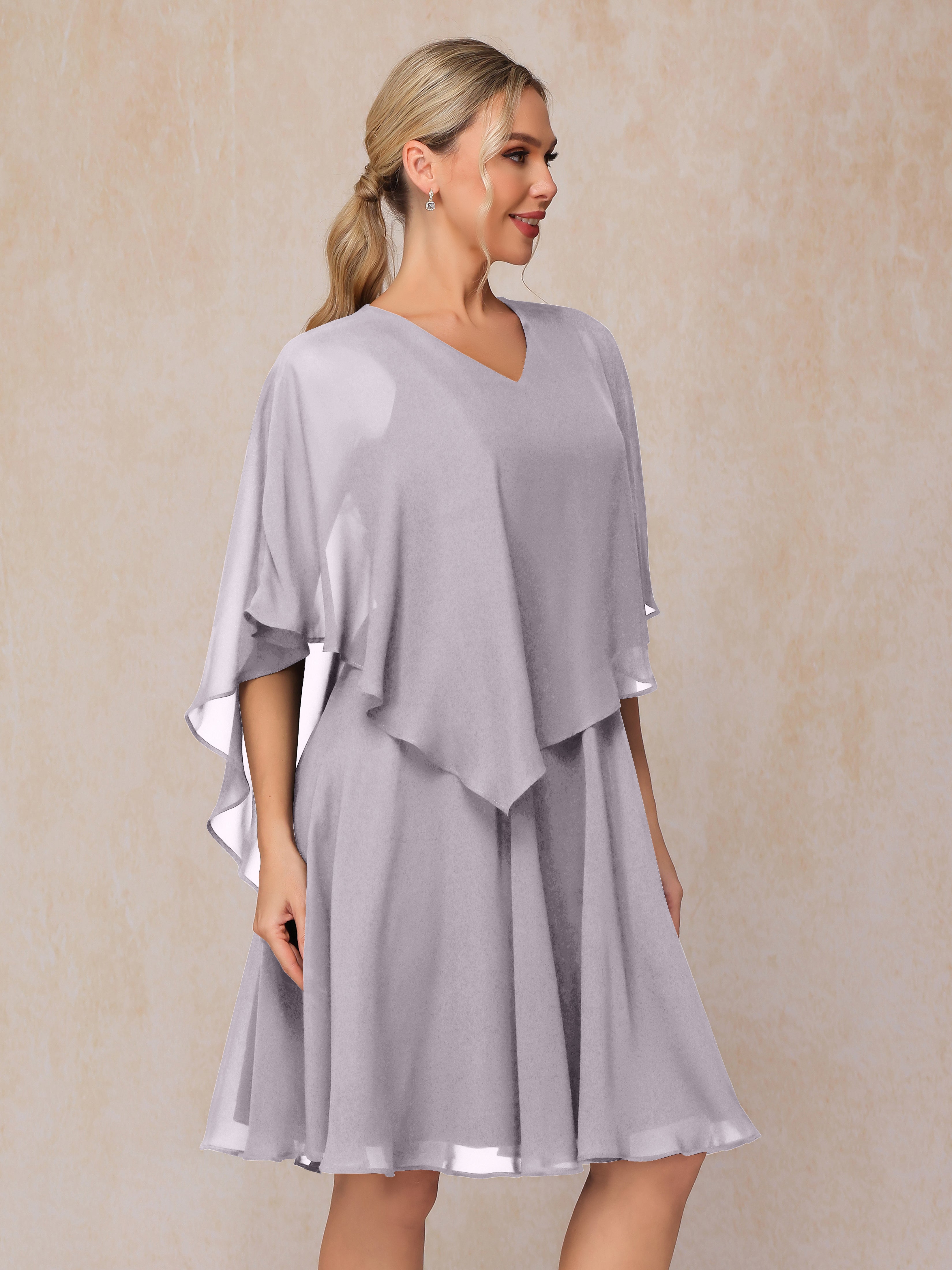 V Neck Short Sleeves Knee Length Chiffon Mother Of The Bride Dress