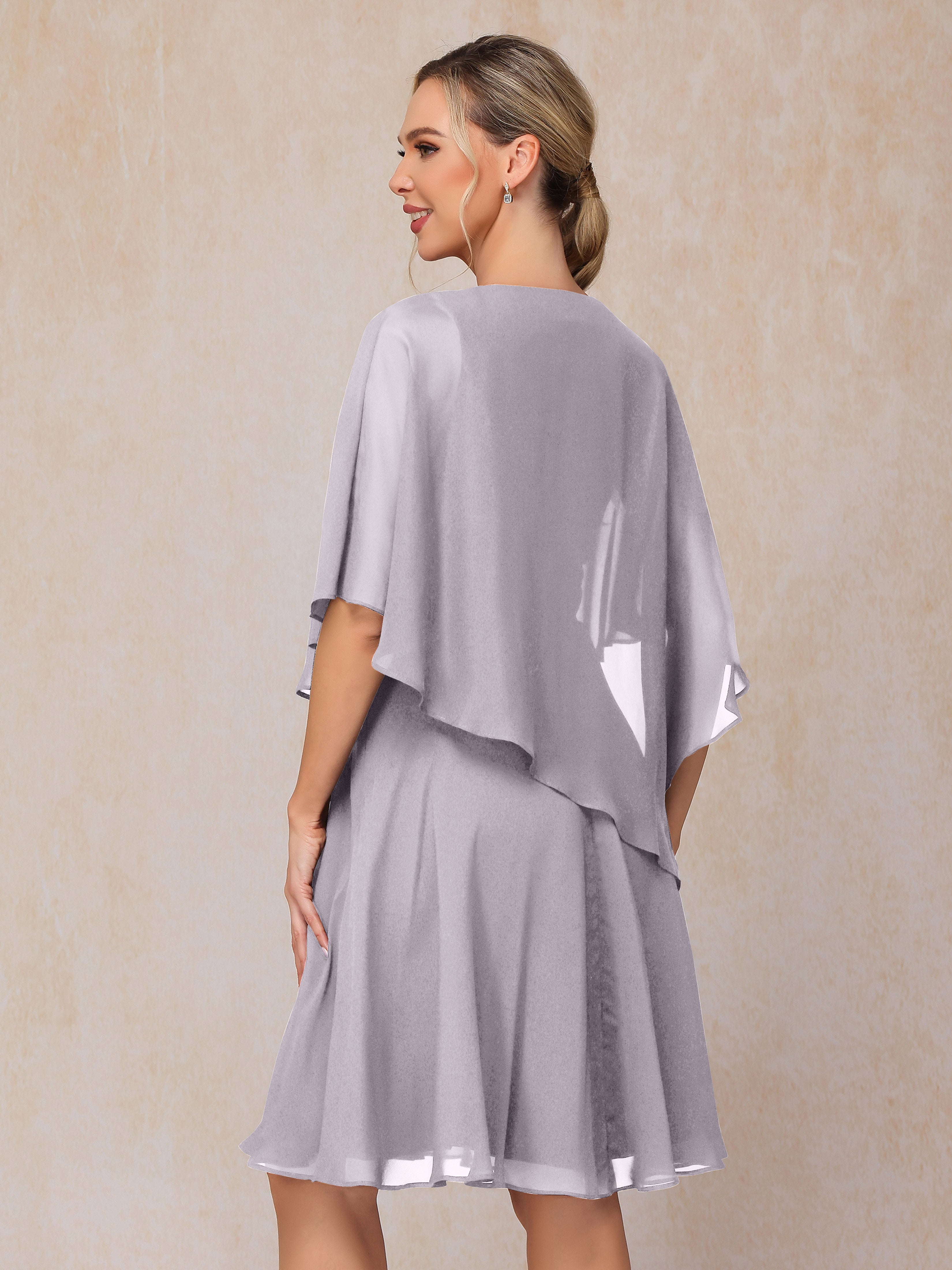 V Neck Short Sleeves Knee Length Chiffon Mother Of The Bride Dress