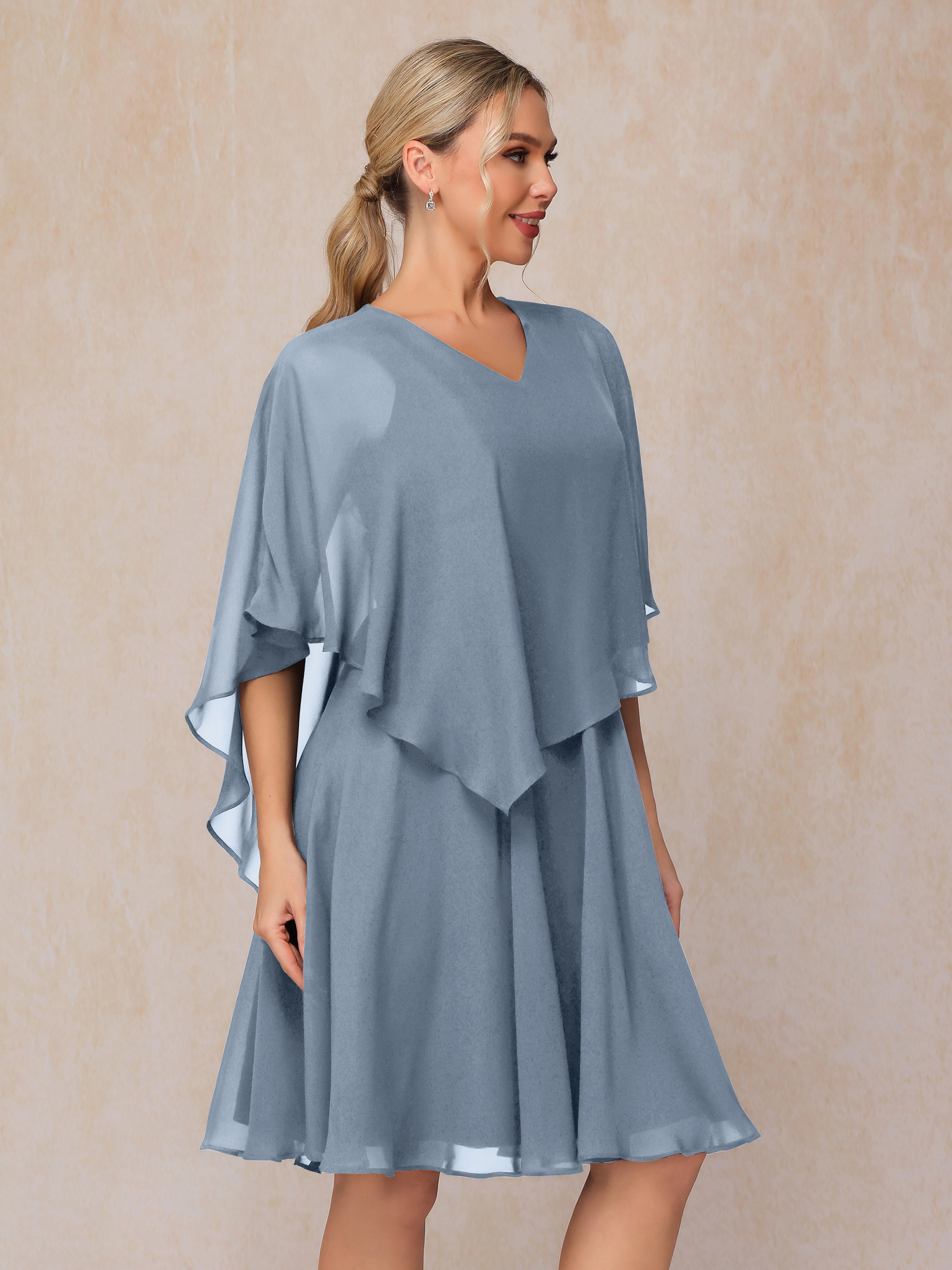V Neck Short Sleeves Knee Length Chiffon Mother Of The Bride Dress