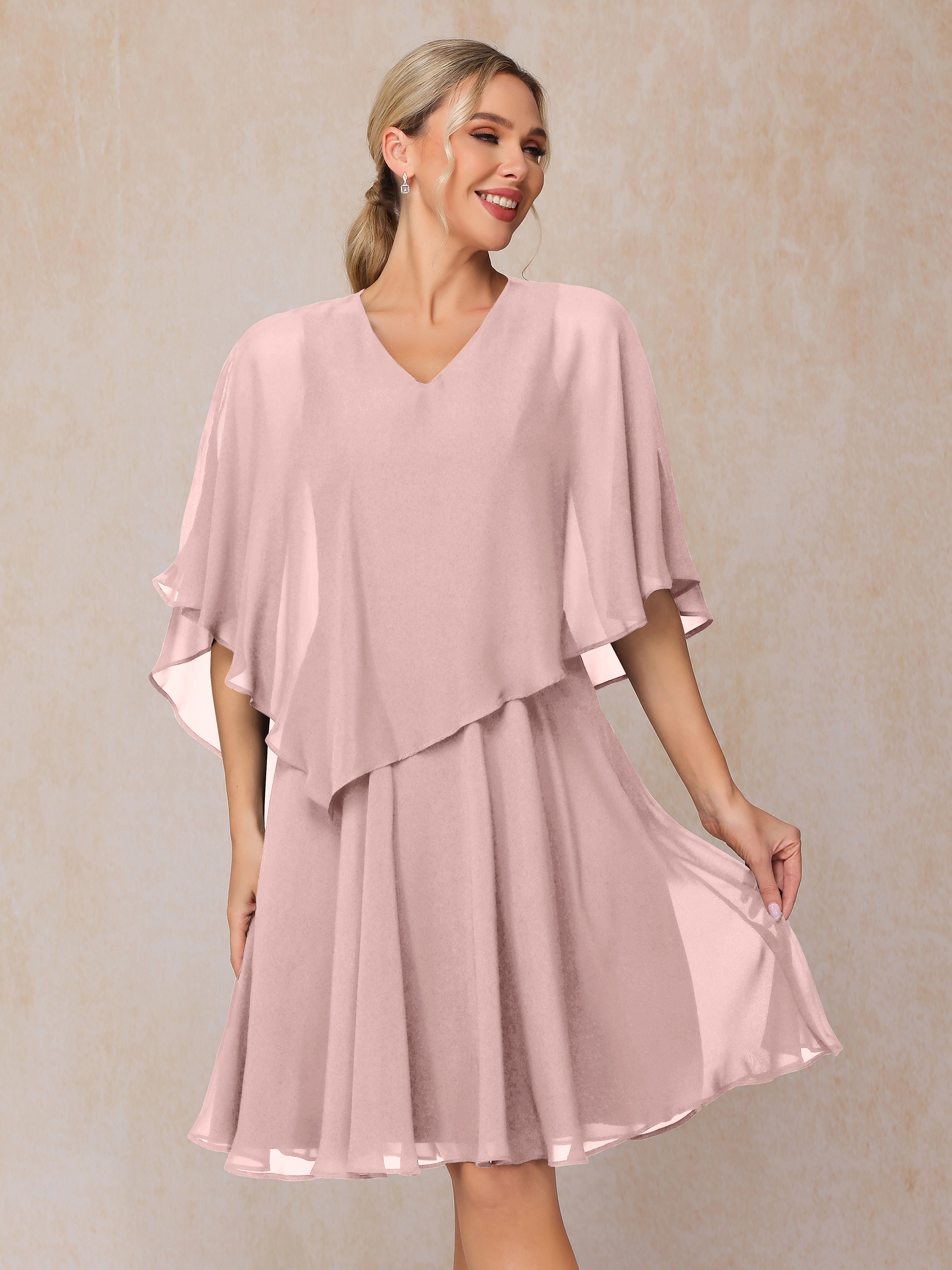 V Neck Short Sleeves Knee Length Chiffon Mother Of The Bride Dress