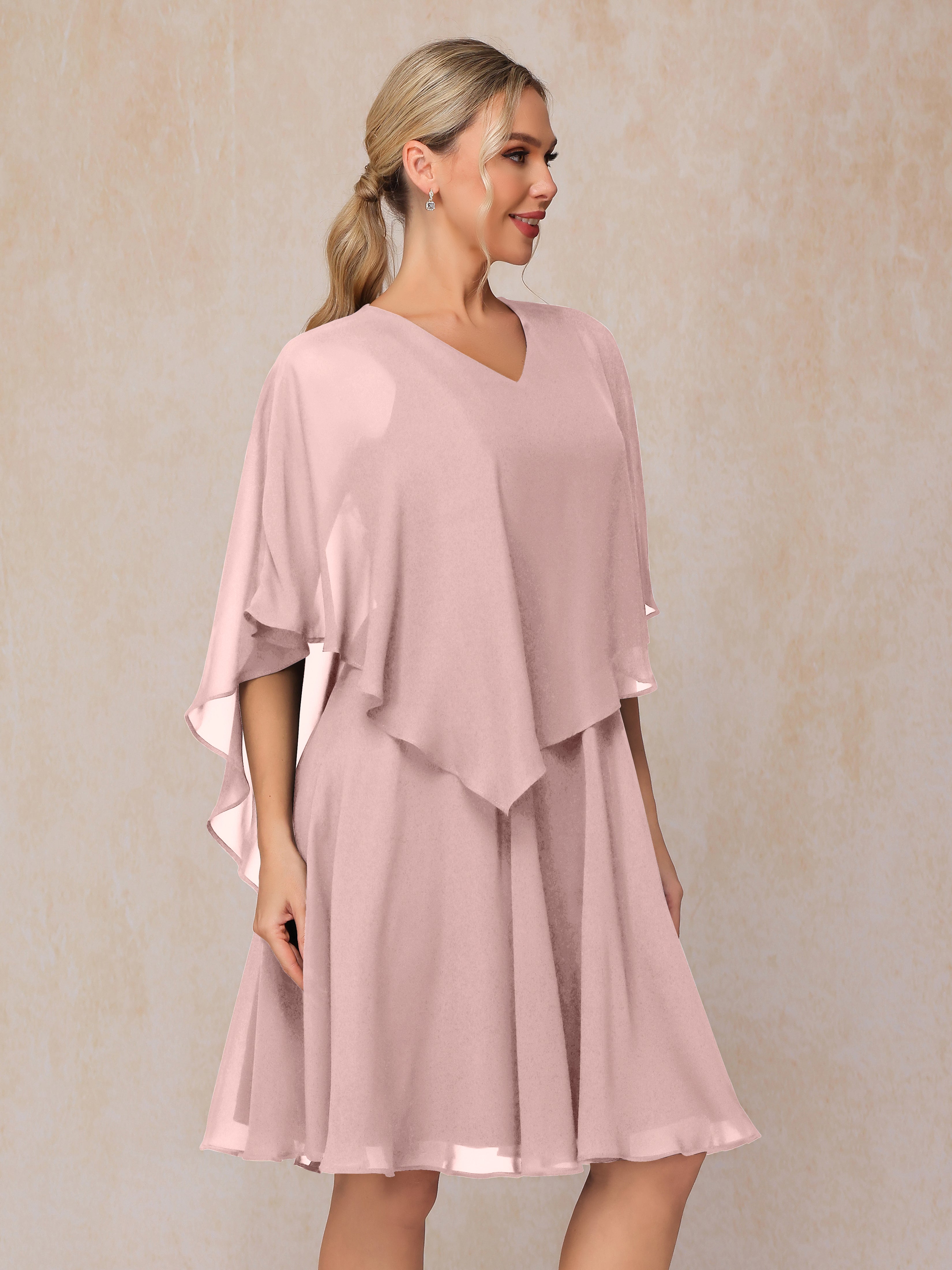 V Neck Short Sleeves Knee Length Chiffon Mother Of The Bride Dress