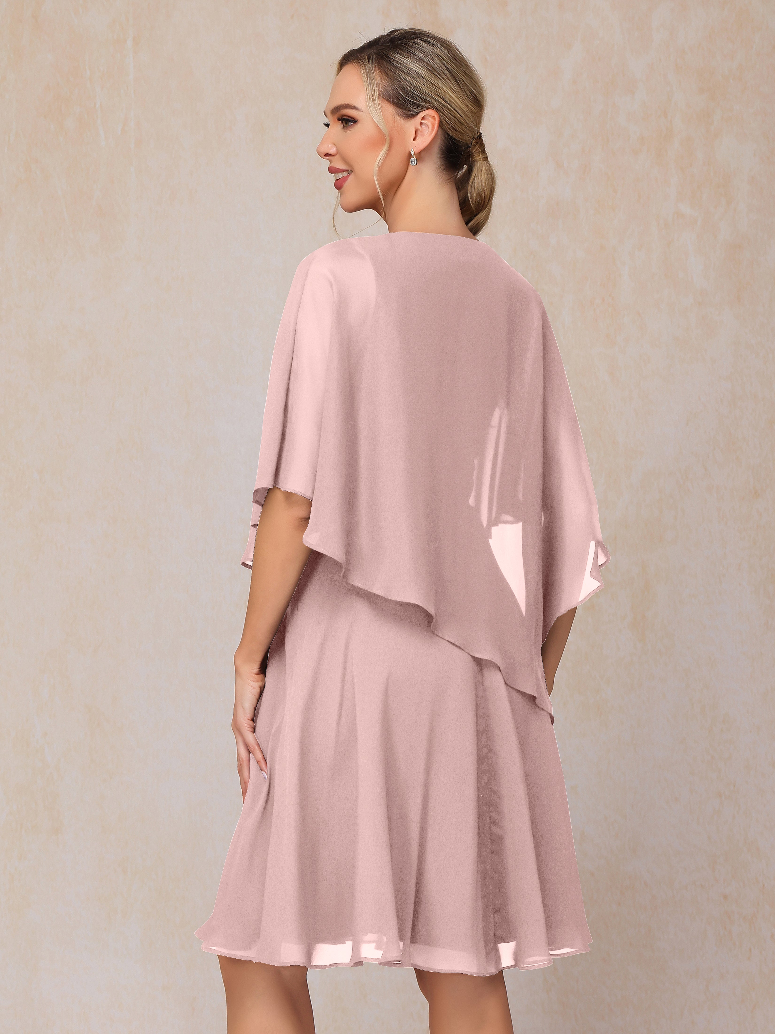 V Neck Short Sleeves Knee Length Chiffon Mother Of The Bride Dress