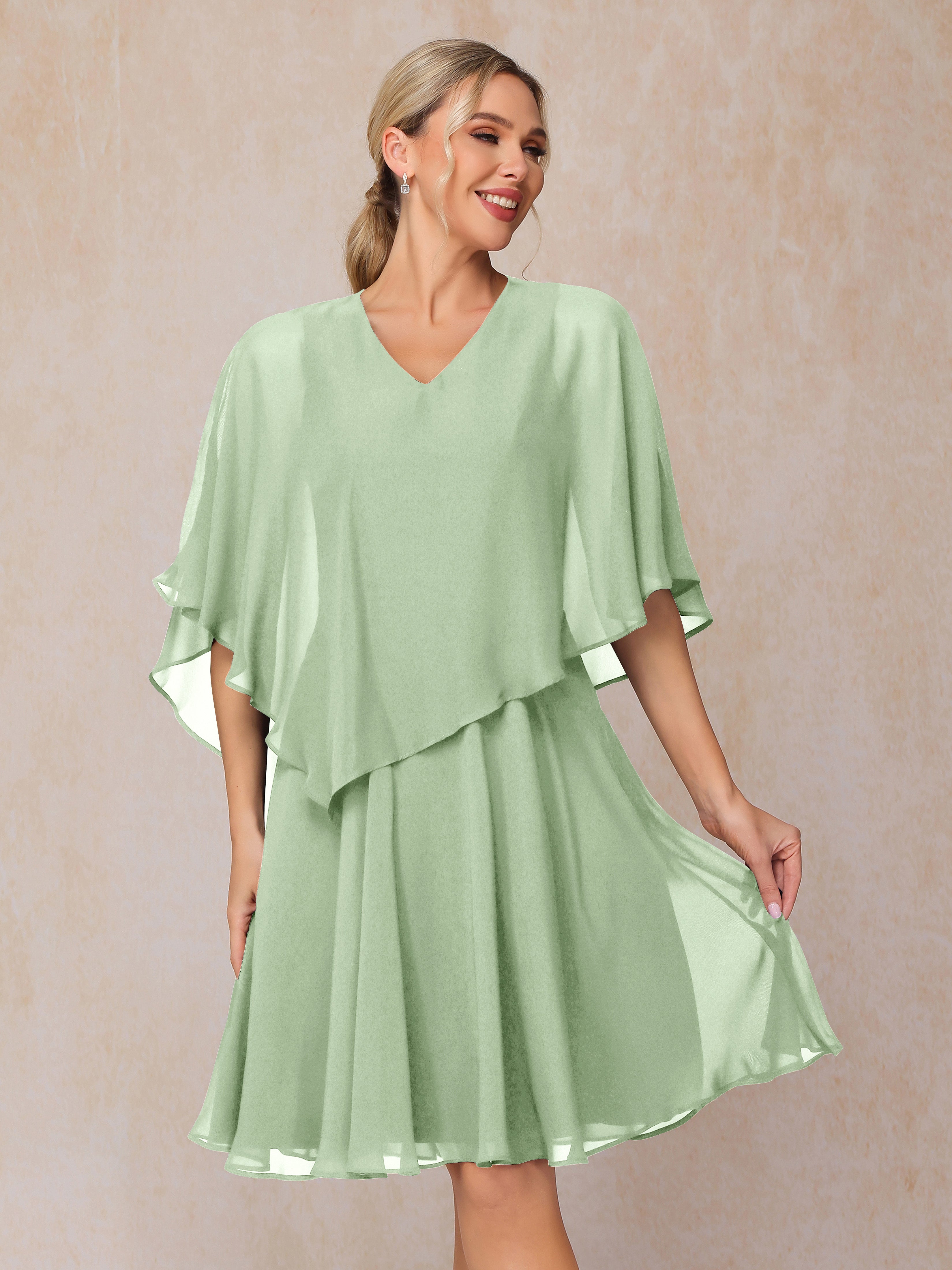 V Neck Short Sleeves Knee Length Chiffon Mother Of The Bride Dress