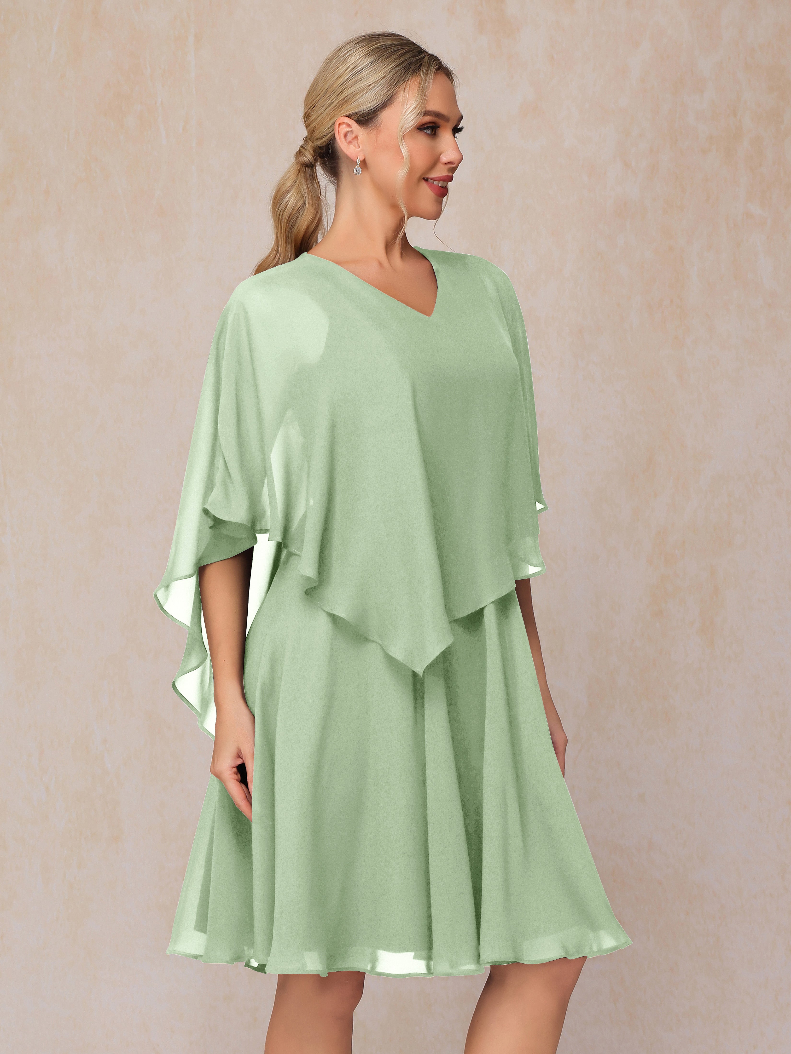 V Neck Short Sleeves Knee Length Chiffon Mother Of The Bride Dress