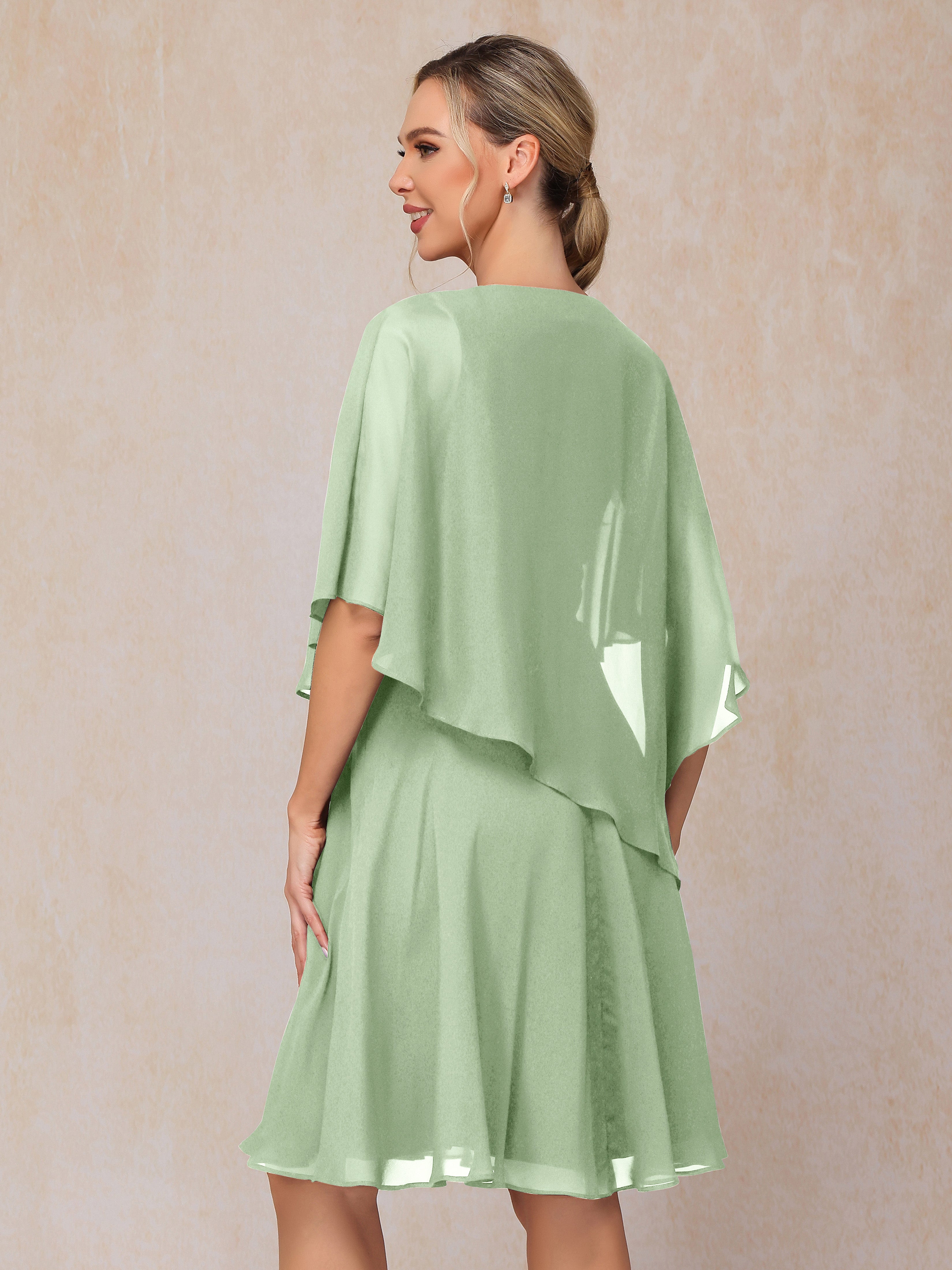 V Neck Short Sleeves Knee Length Chiffon Mother Of The Bride Dress