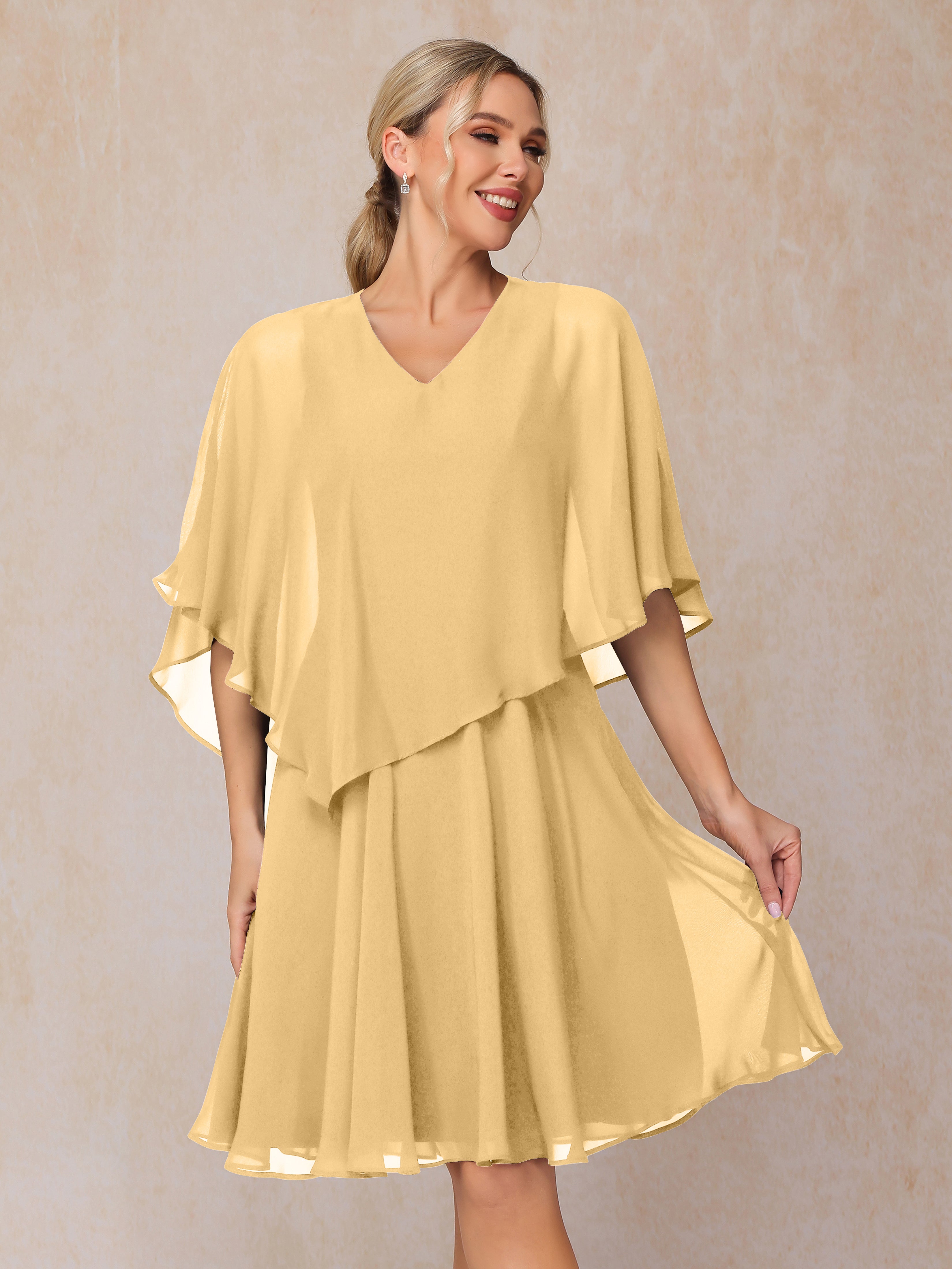 V Neck Short Sleeves Knee Length Chiffon Mother Of The Bride Dress