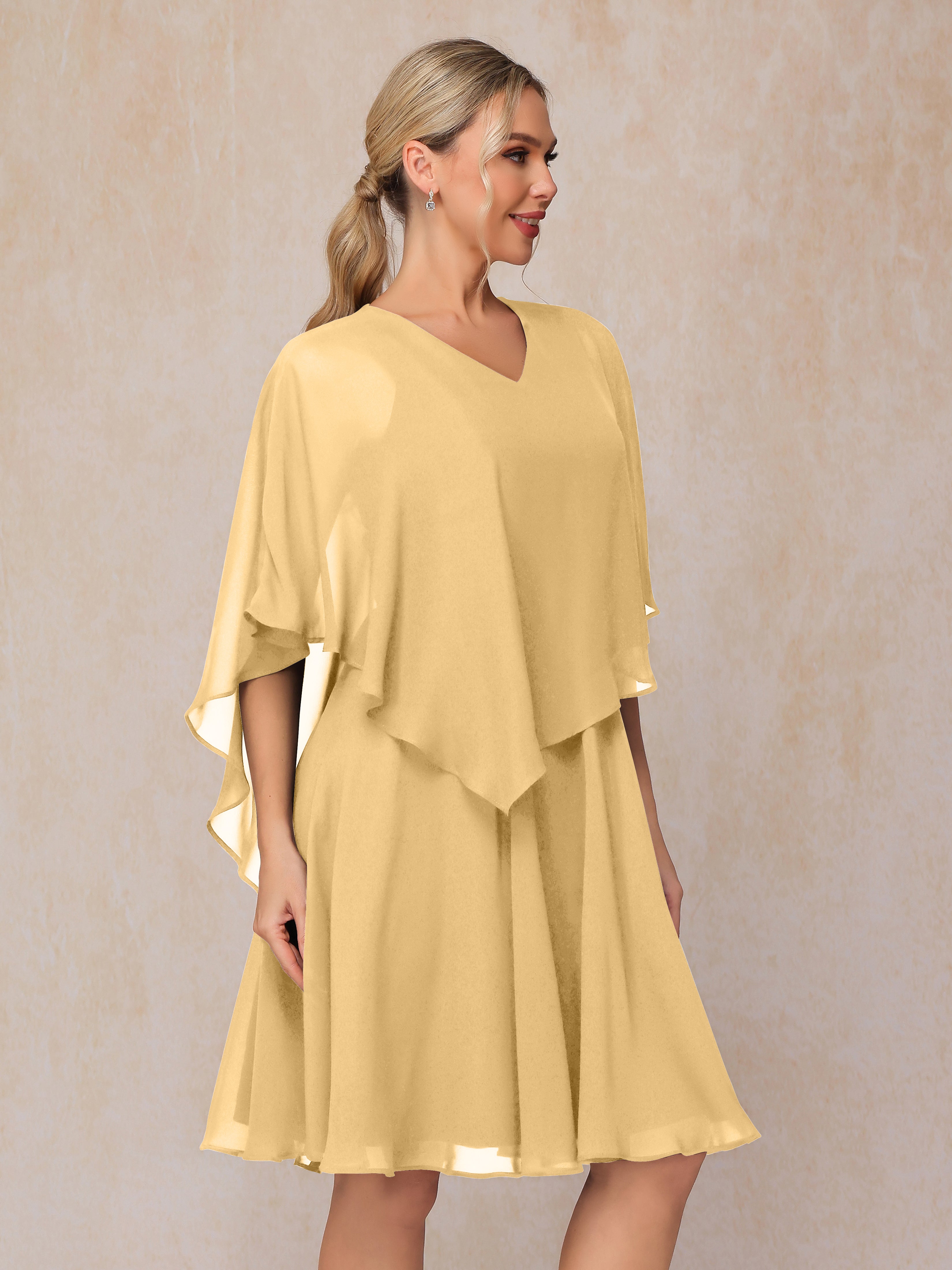 V Neck Short Sleeves Knee Length Chiffon Mother Of The Bride Dress
