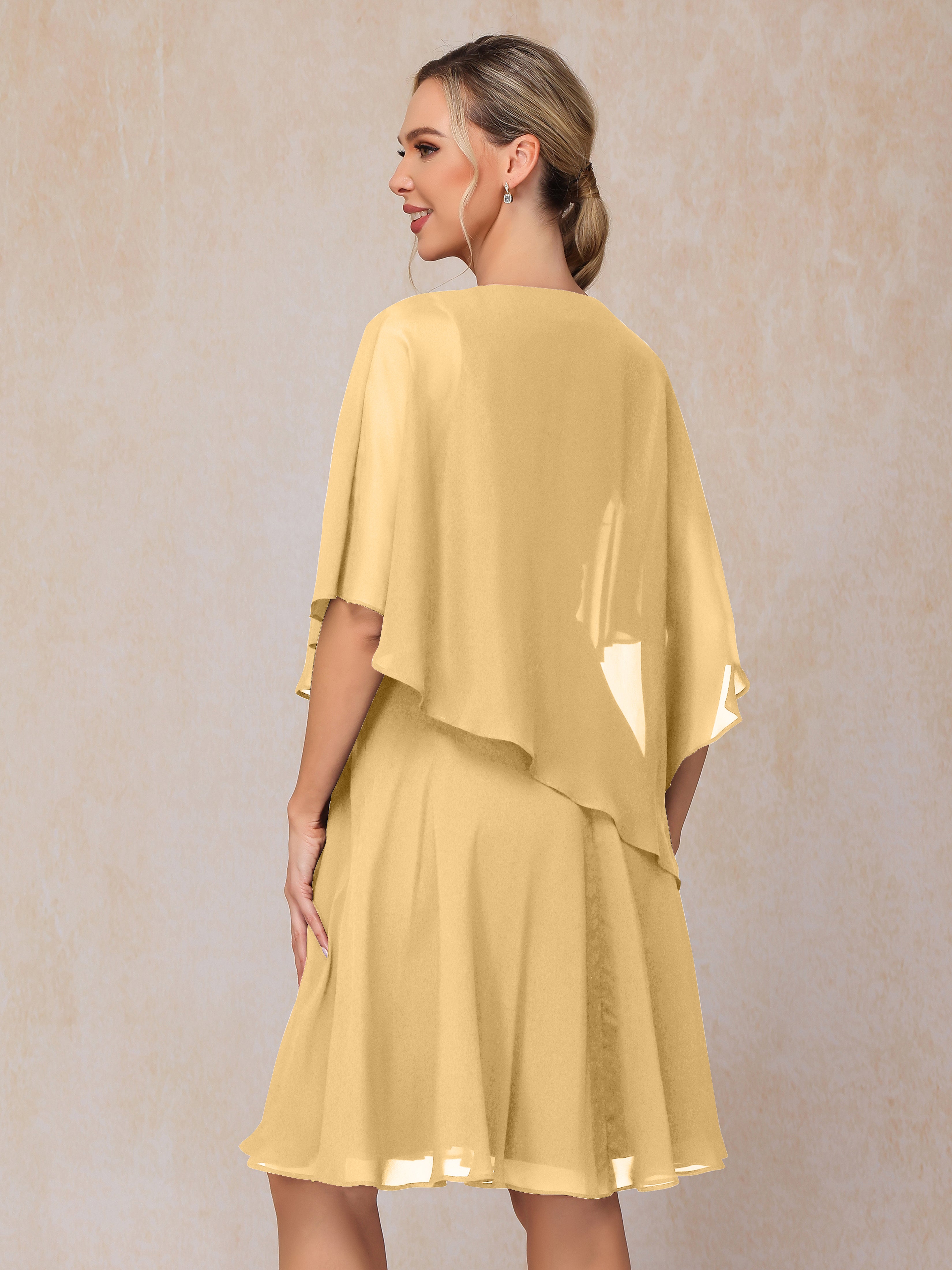 V Neck Short Sleeves Knee Length Chiffon Mother Of The Bride Dress